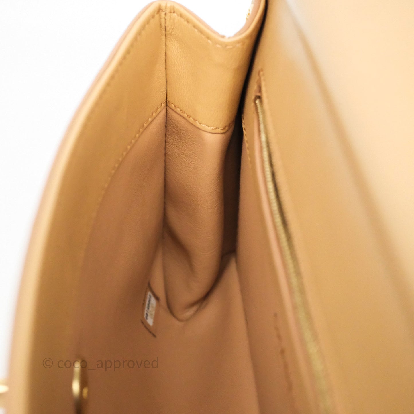 Chanel Small Coco Luxe Flap Bag Caramel Beige Calfskin Aged Gold Hardware