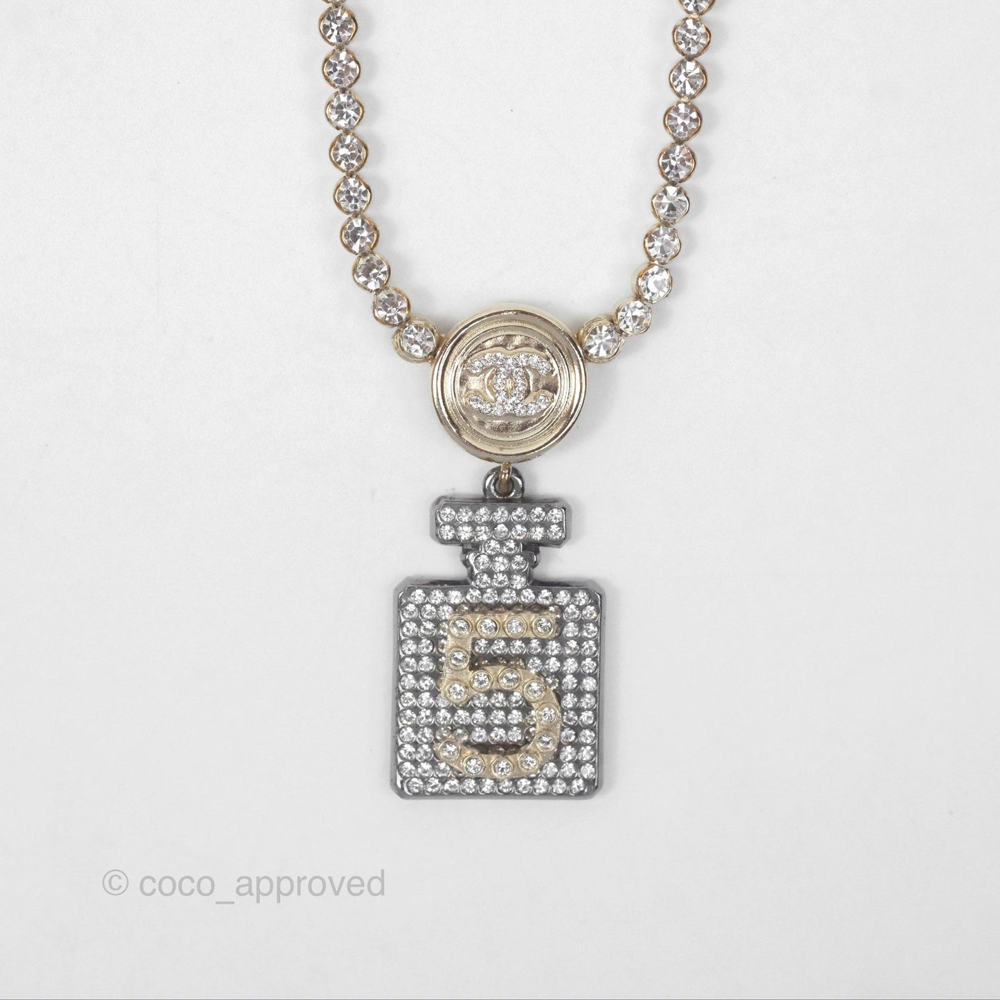 Chanel No5 Perfume Bottle Crystal Chain Choker Necklace Gold Tone 21S