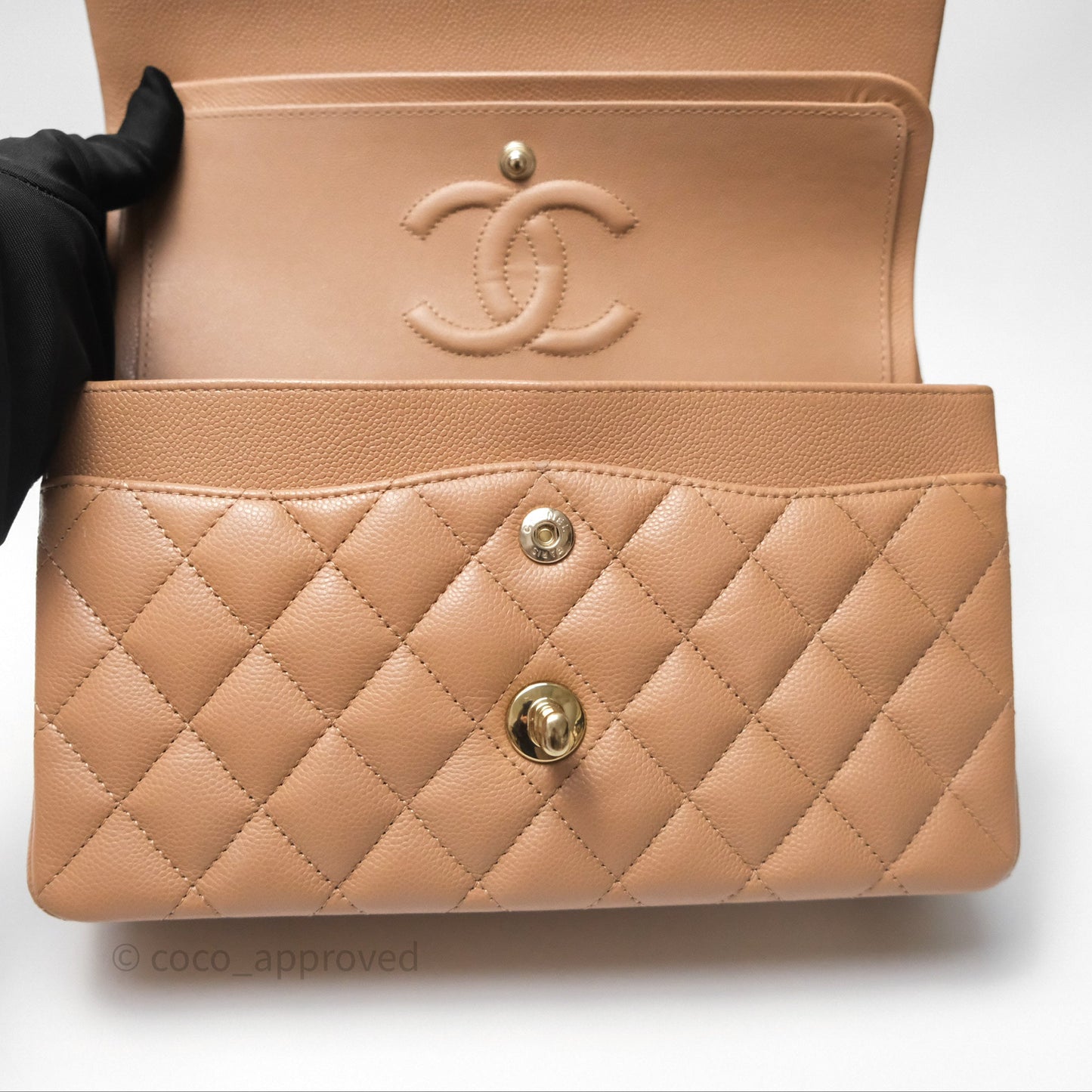 Chanel Small Classic Quilted Flap Dark Beige Caviar Gold Hardware