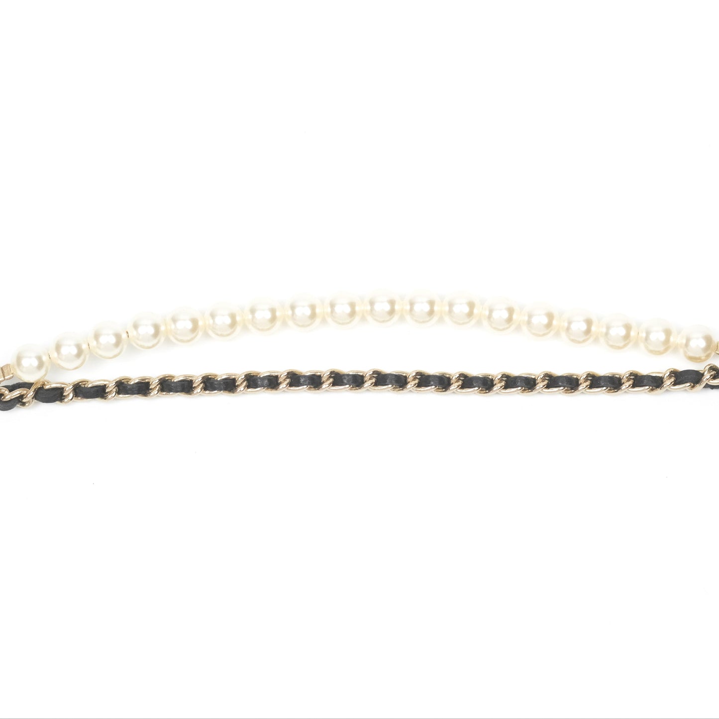 Chanel Crystal CC Pearl Black Leather Chain Braided Necklace Gold Tone 21K
