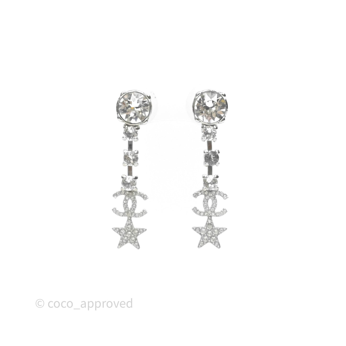 Chanel Crystal CC Star Drop Earrings Sliver Tone 20P