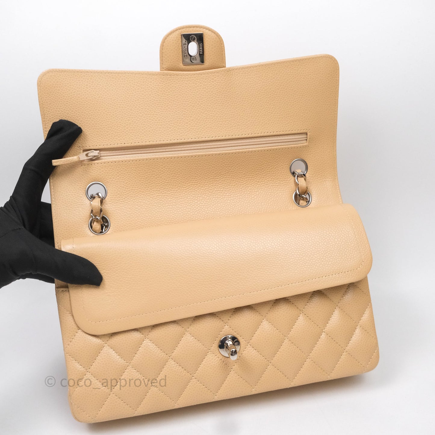 Chanel Classic M/L Medium Flap Quilted Beige Caviar Silver Hardware