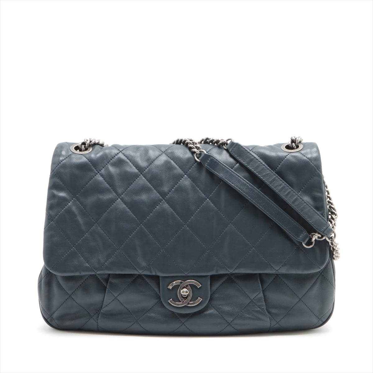 Chanel Matrasse Leather Single Flap Double Chain Bag Navy Gummetal G
