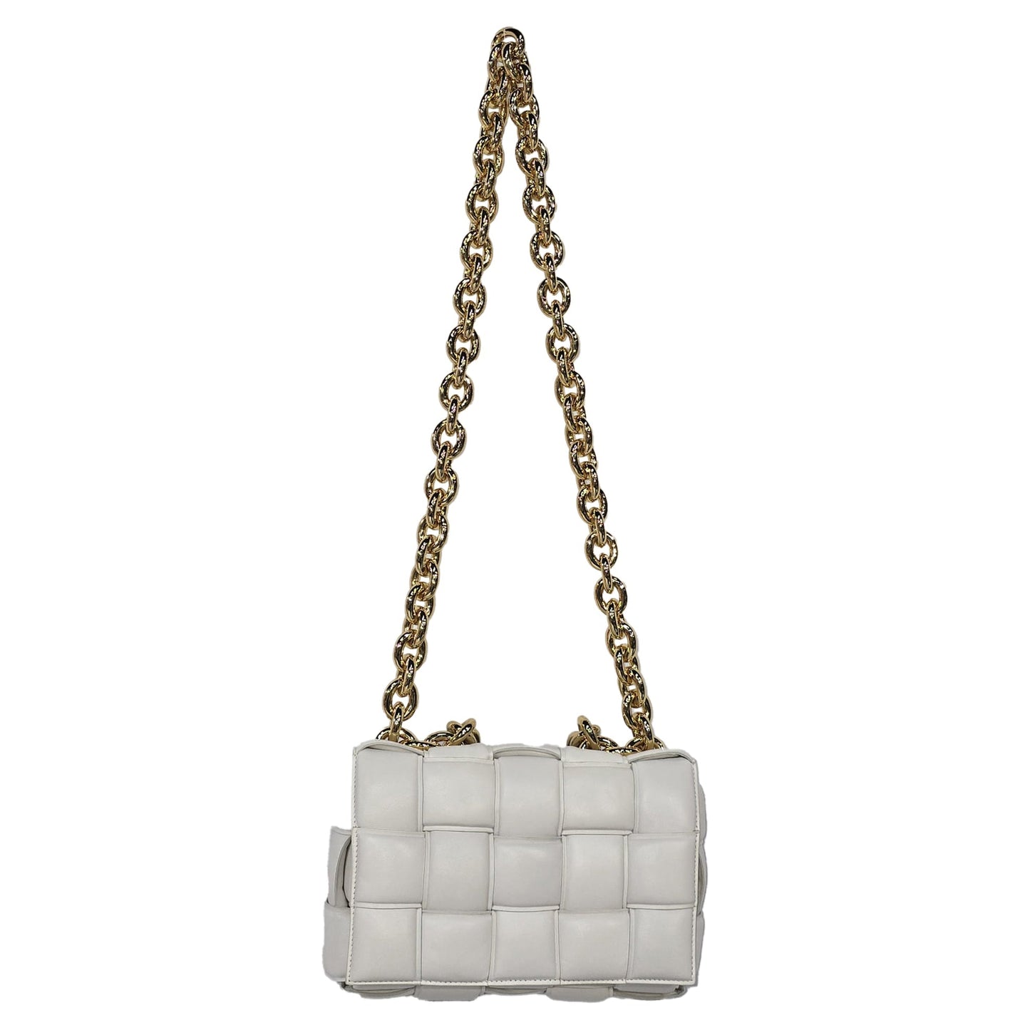 Luxury Bottega Veneta Maxi Cassette Chain Padded Shoulder Bag in White Lambskin Leather