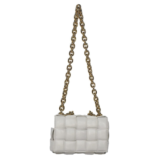 Luxury Bottega Veneta Maxi Cassette Chain Padded Shoulder Bag in White Lambskin Leather