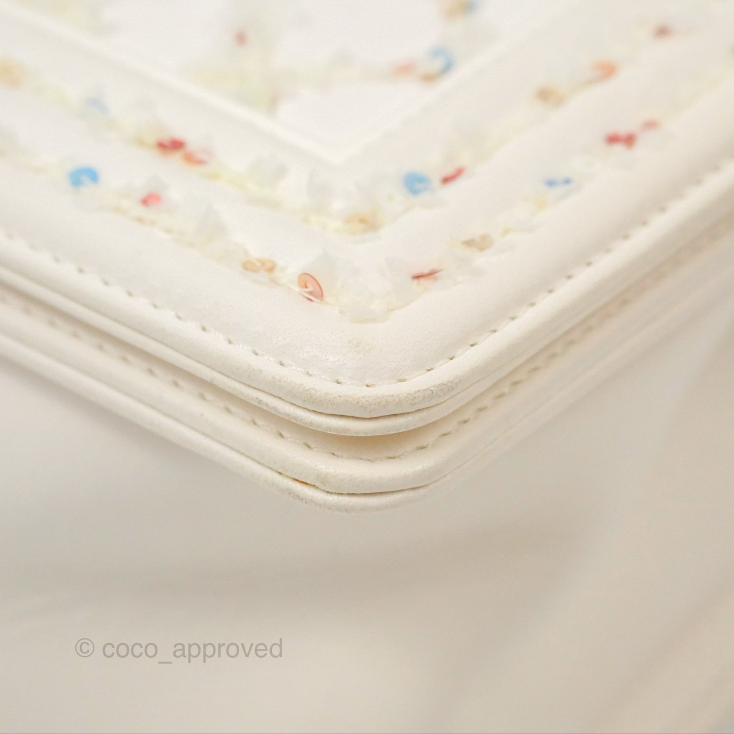 Chanel Medium Boy Sequins Quilted White Lambskin Silver Hardware