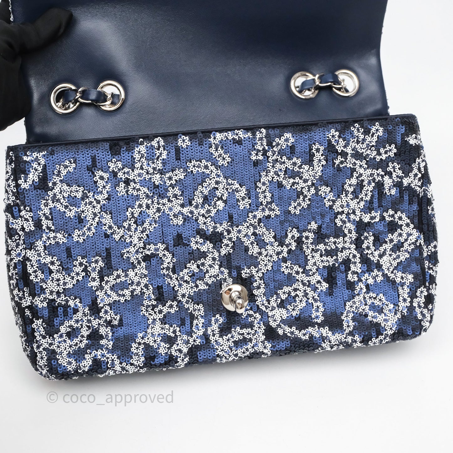 Chanel Medium CC Sequins Flap Bag White/ Navy Silver Hardware 19P