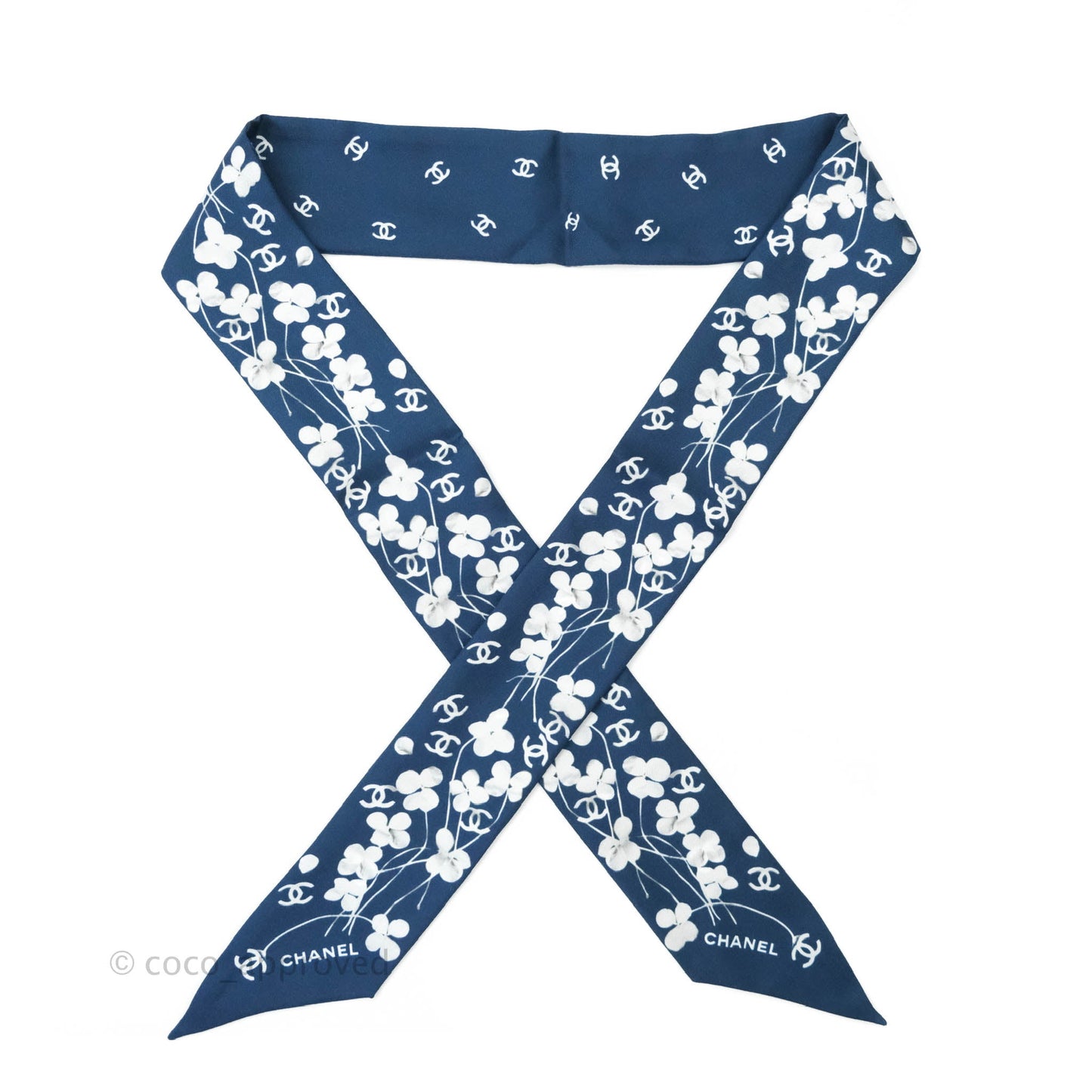 Chanel CC Flora Print Silk Twilly in Navy White