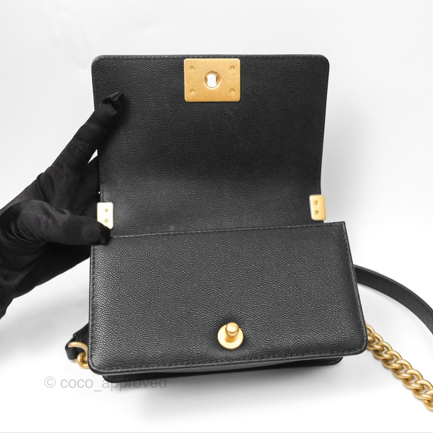 Chanel Small Chain Around Boy Quilted Black Caviar Aged Gold Hardware