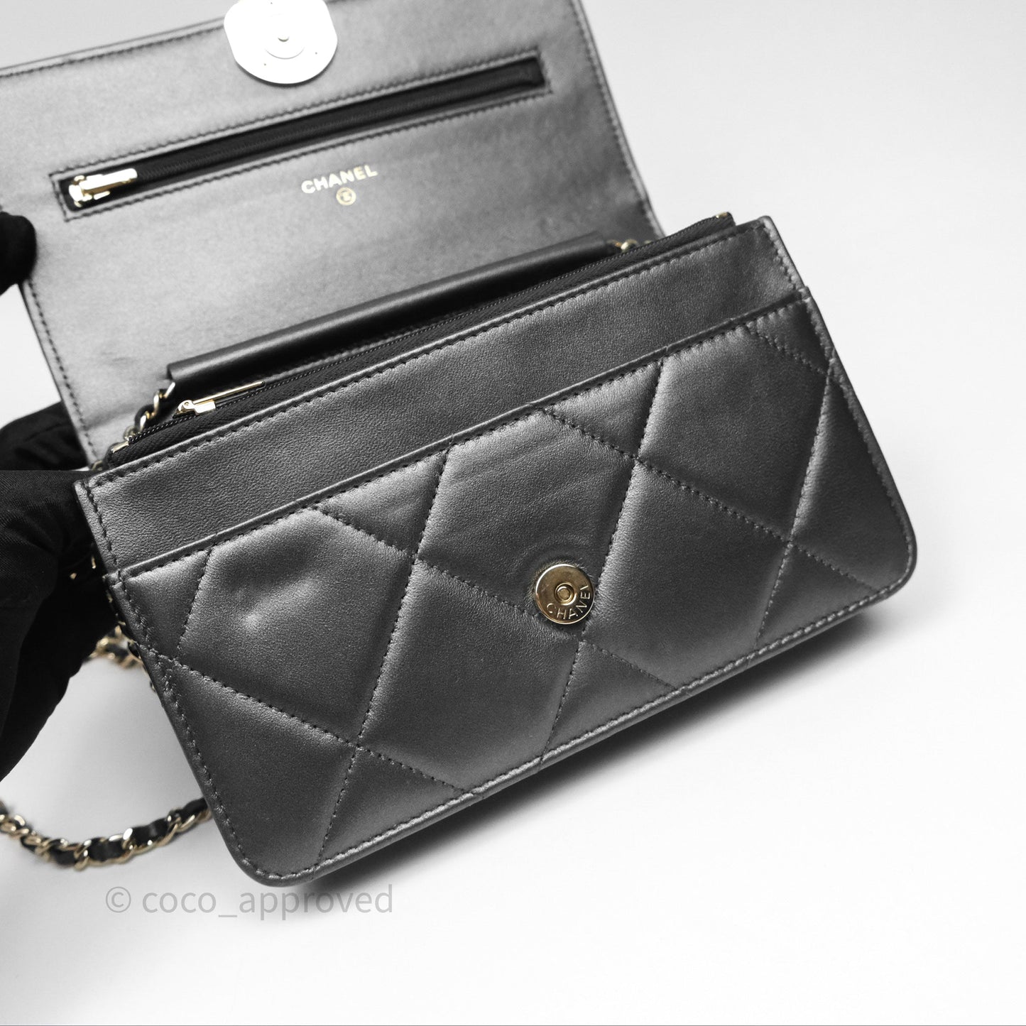 Chanel Wallet On Chain WOC Iridescent Dark Grey Lambskin Gold Hardware