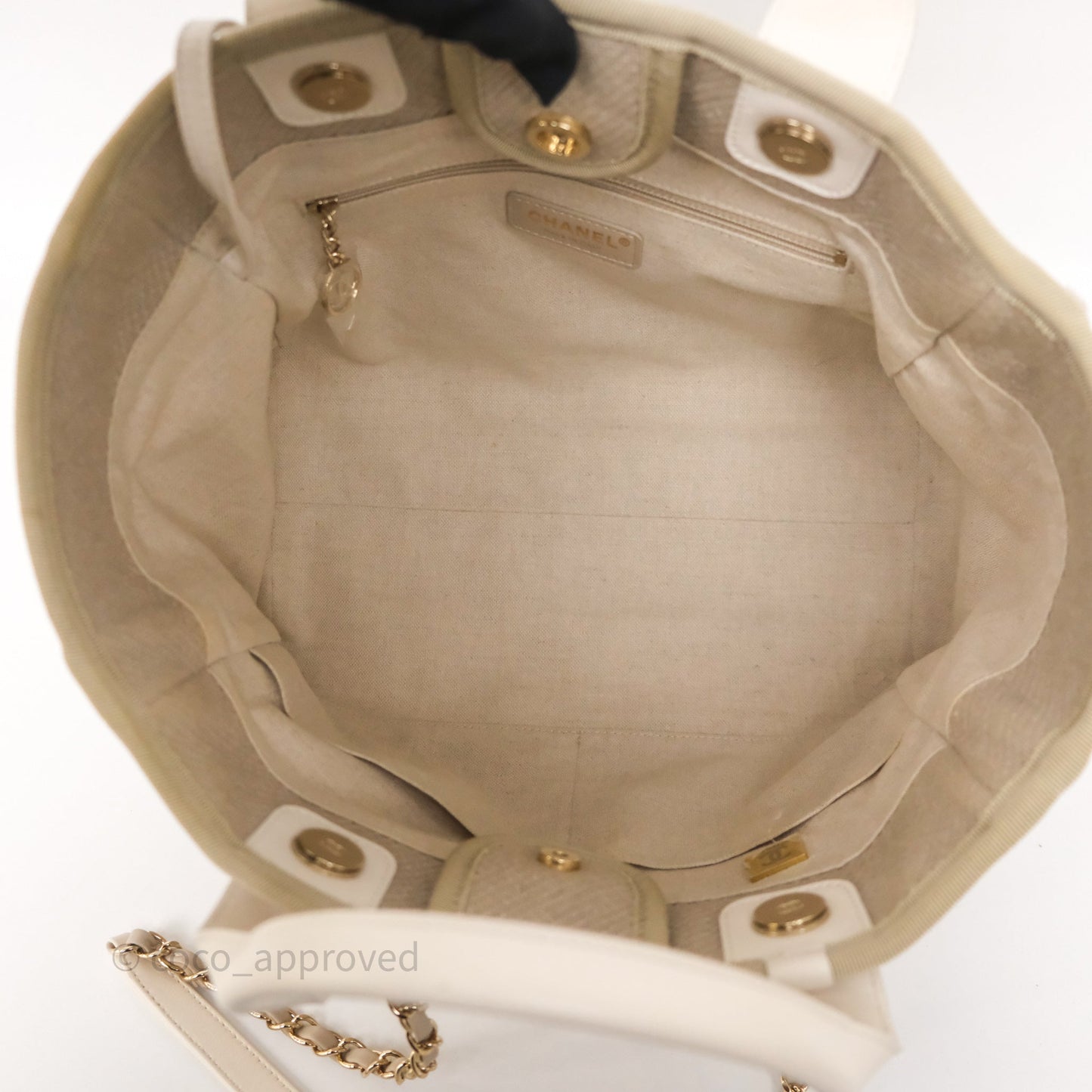 Chanel New Small Deauville Tote Beige Canvas Gold Hardware