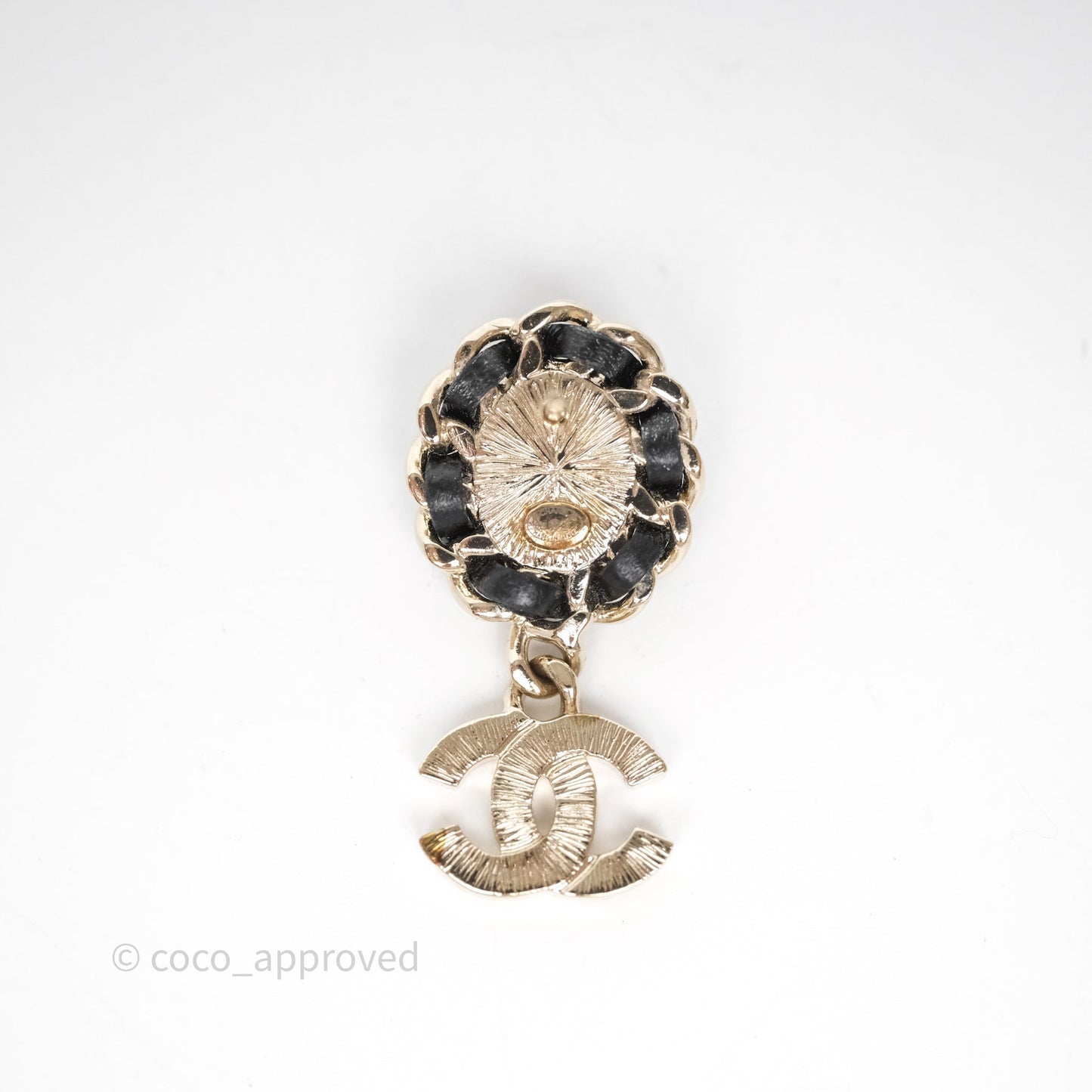 Chanel Oval Pearl Braided Black Leather Drop Crystal CC Earrings Gold Tone 21B
