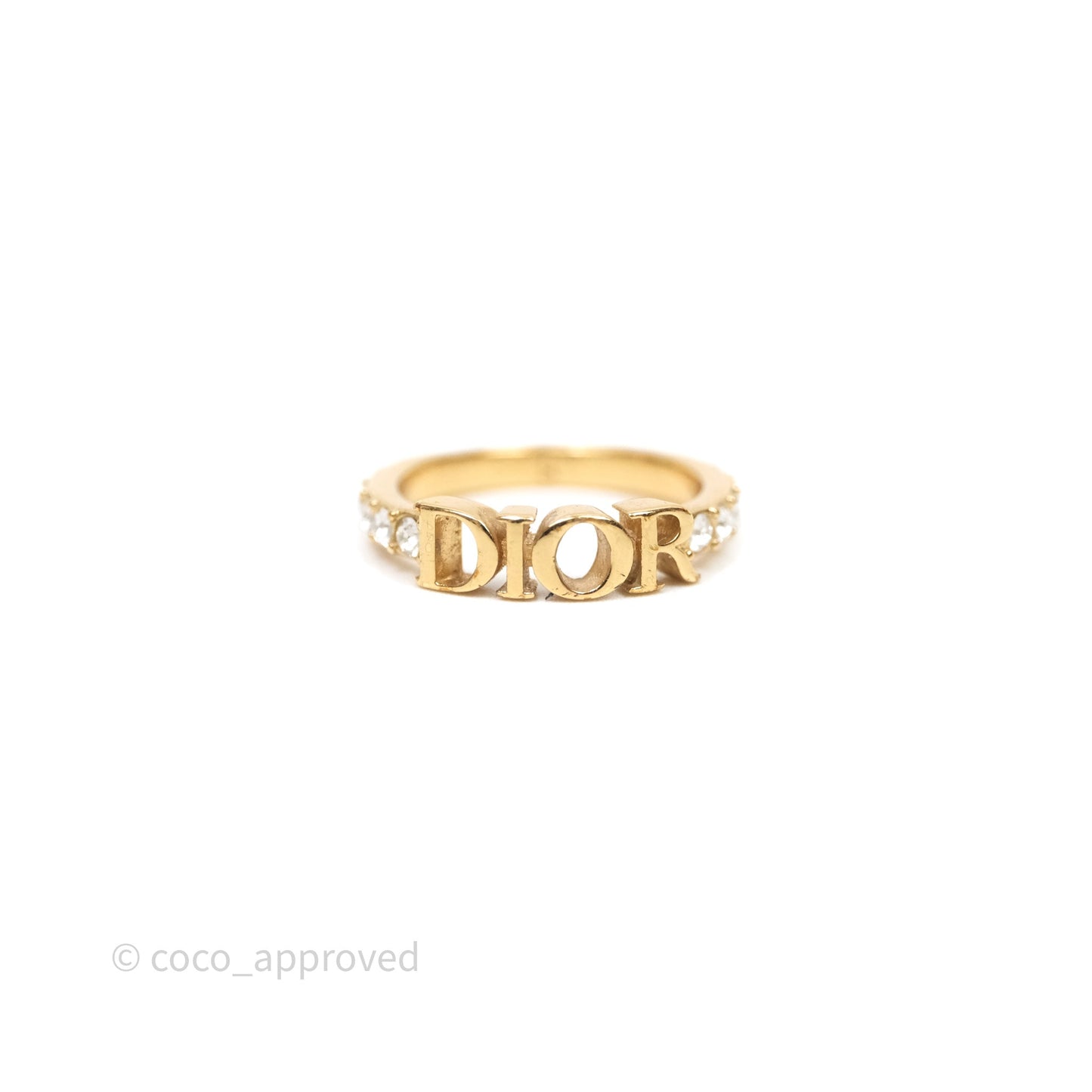 Christian Dior Crystal Logo Ring Gold Tone Size S