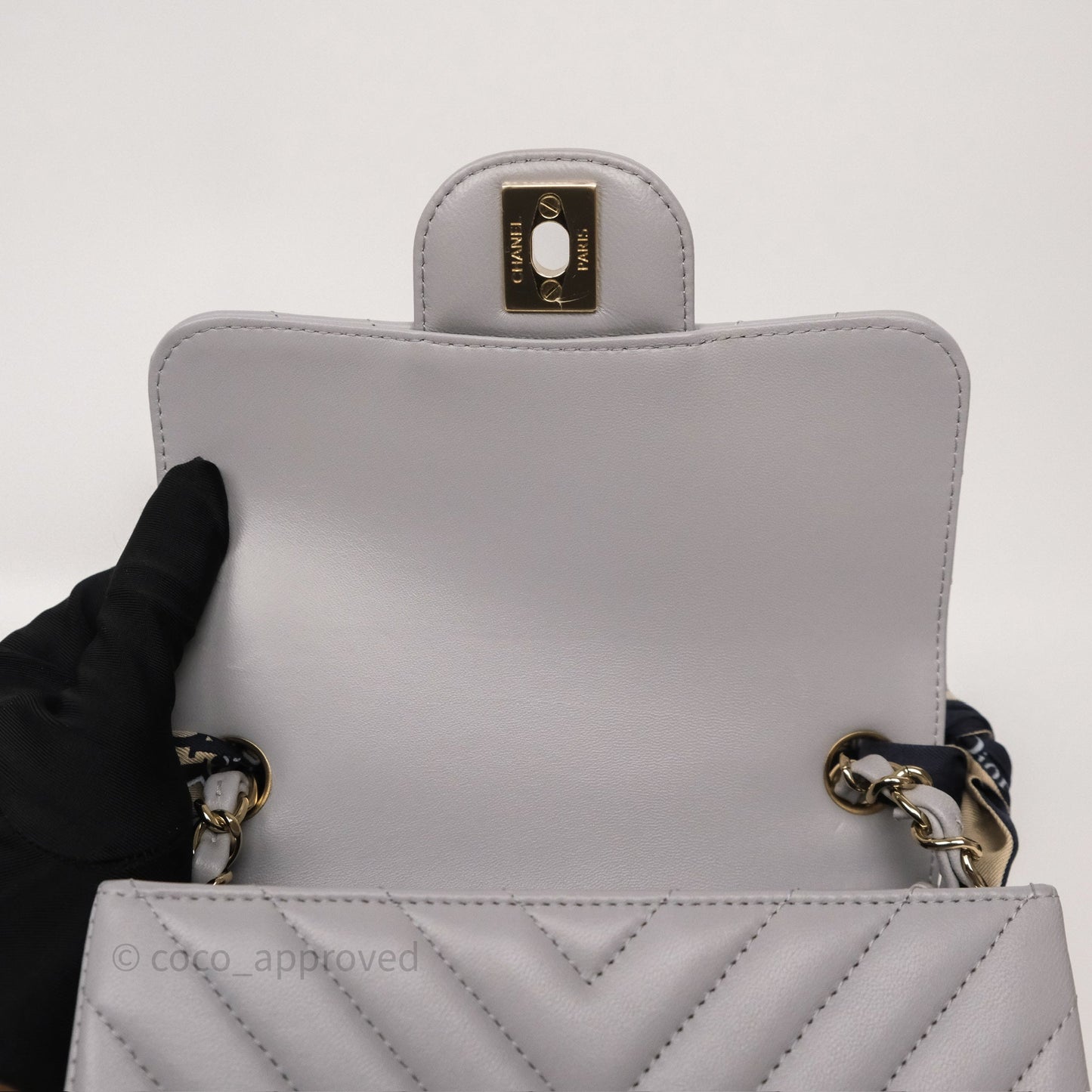 Chanel Mini Square Flap Chevron Grey Lambskin Gold Hardware