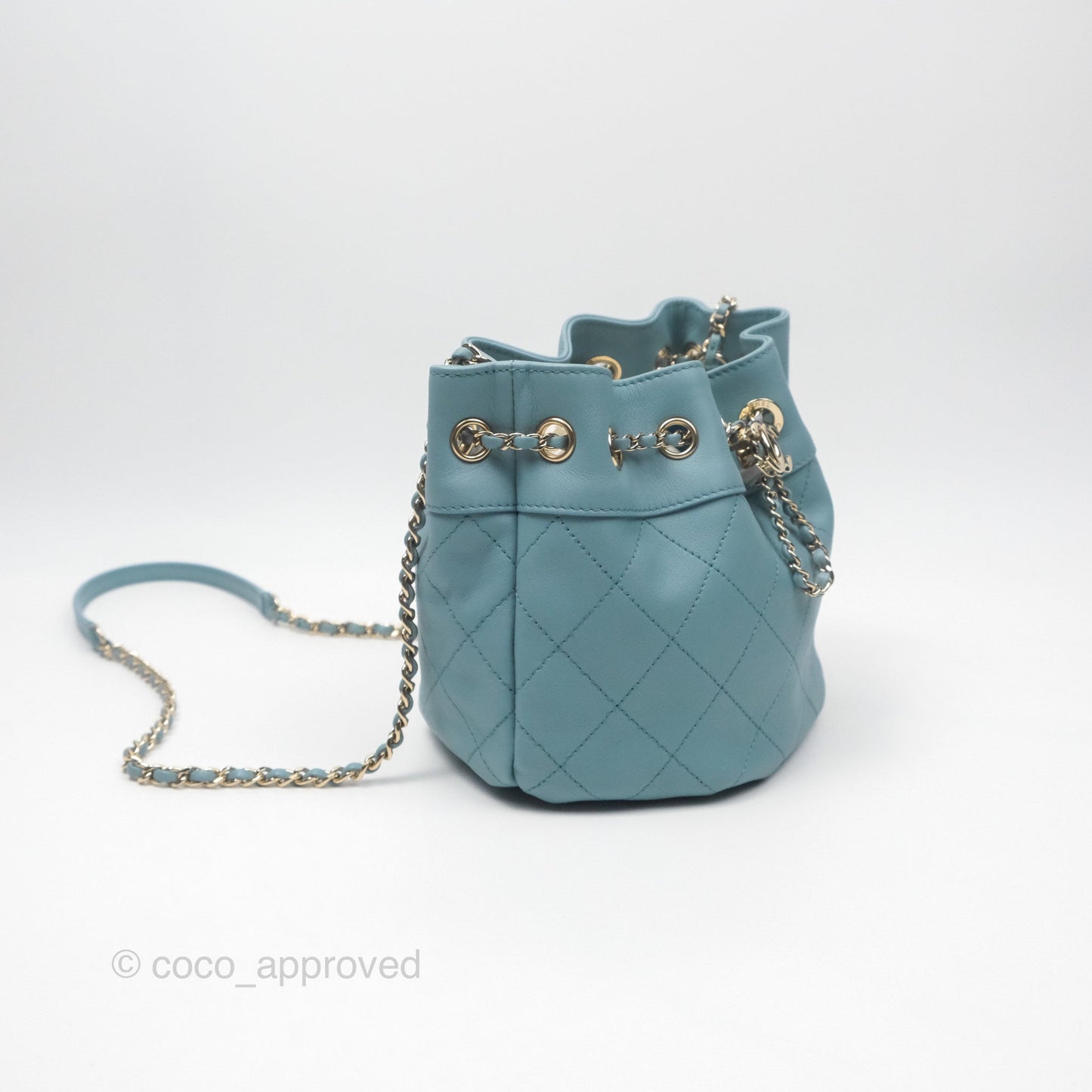Chanel Small Drawstring Bucket Bag Blue Calfskin Gold Hardware