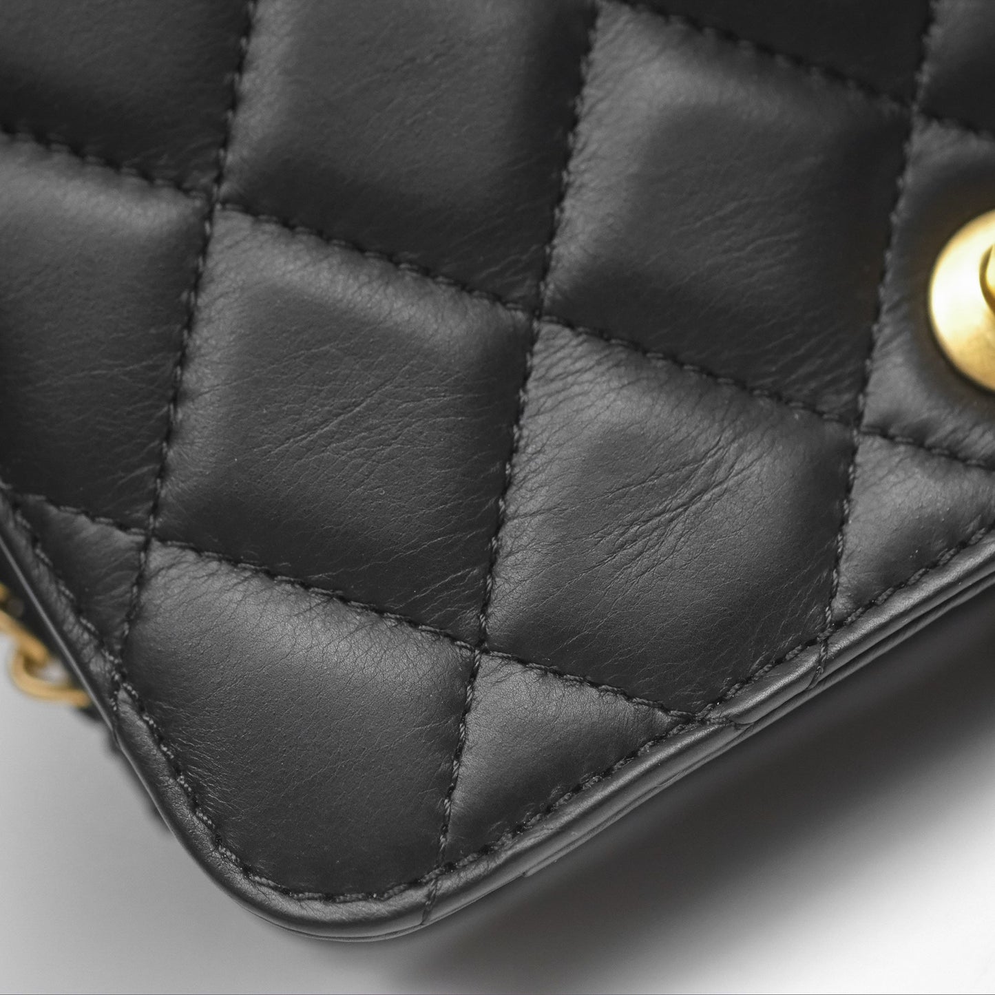 Chanel Quilted Side Chain Flap Bag Black Calfskin Aged Gold Hardware