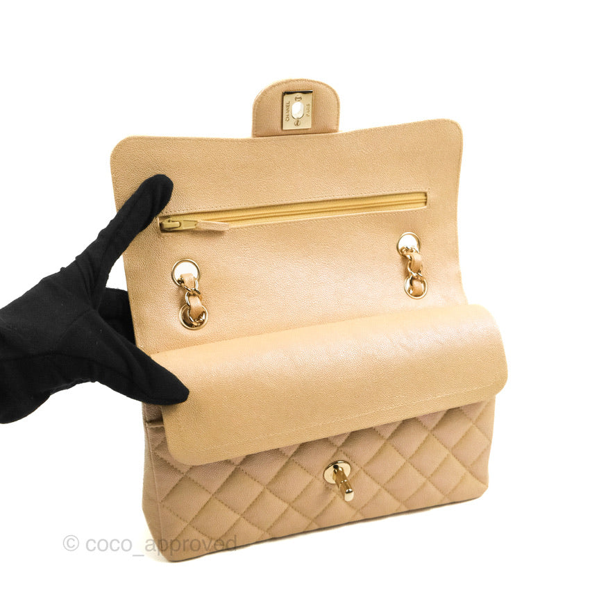 Chanel Classic Small S/M Flap Iridescent Beige Caviar Gold Hardware 19S