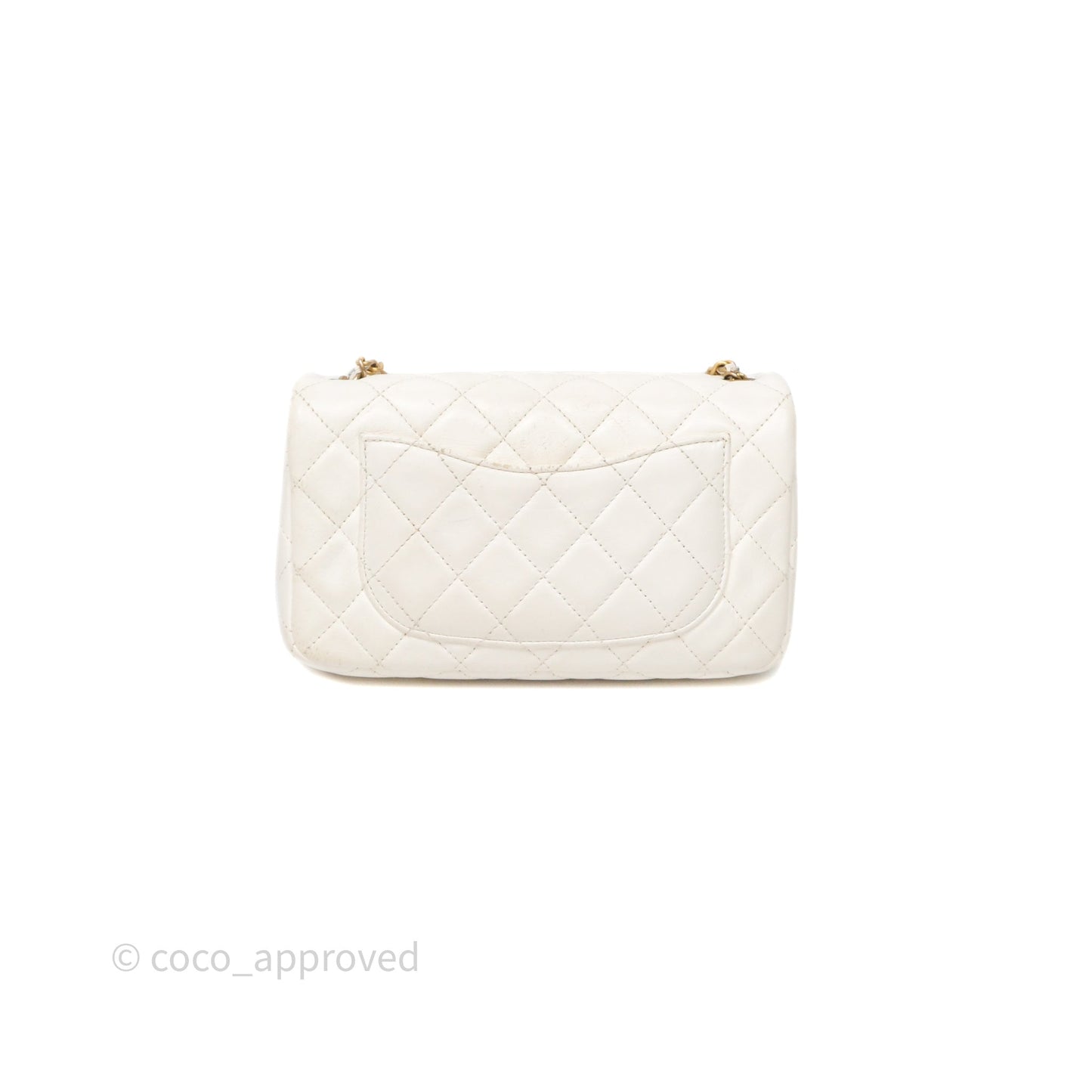 Chanel Mini Rectangular Pearl Crush Quilted White Lambskin Aged Gold Hardware
