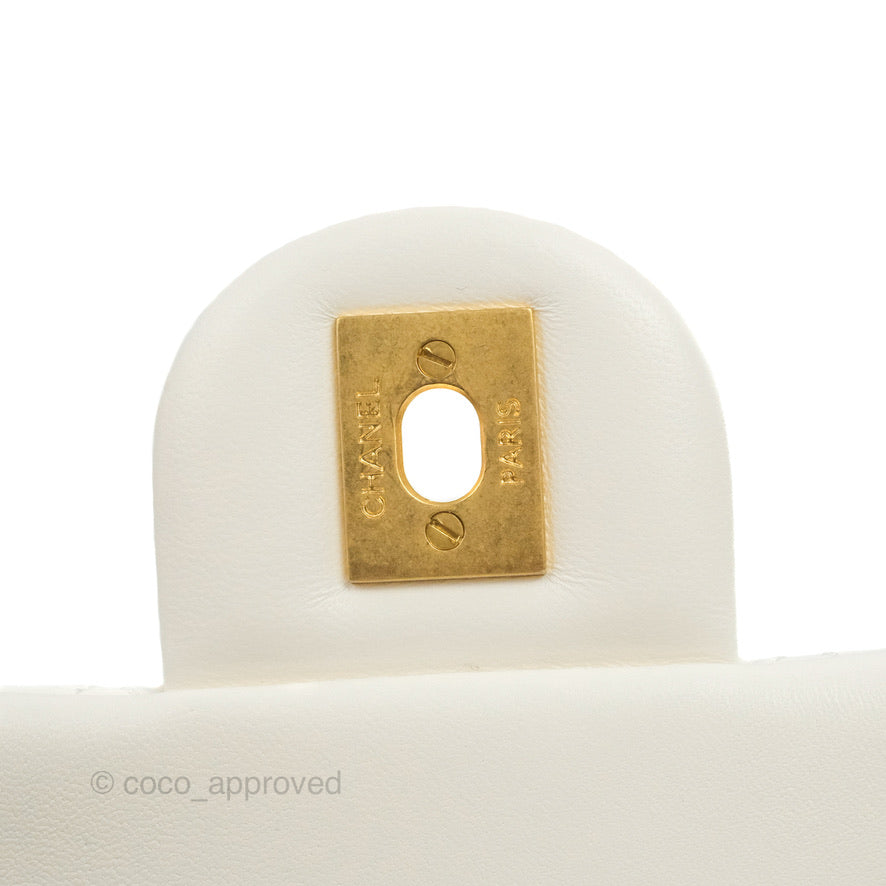 Chanel Mini Square Pearl Crush Quilted White Lambskin Aged Gold Hardware