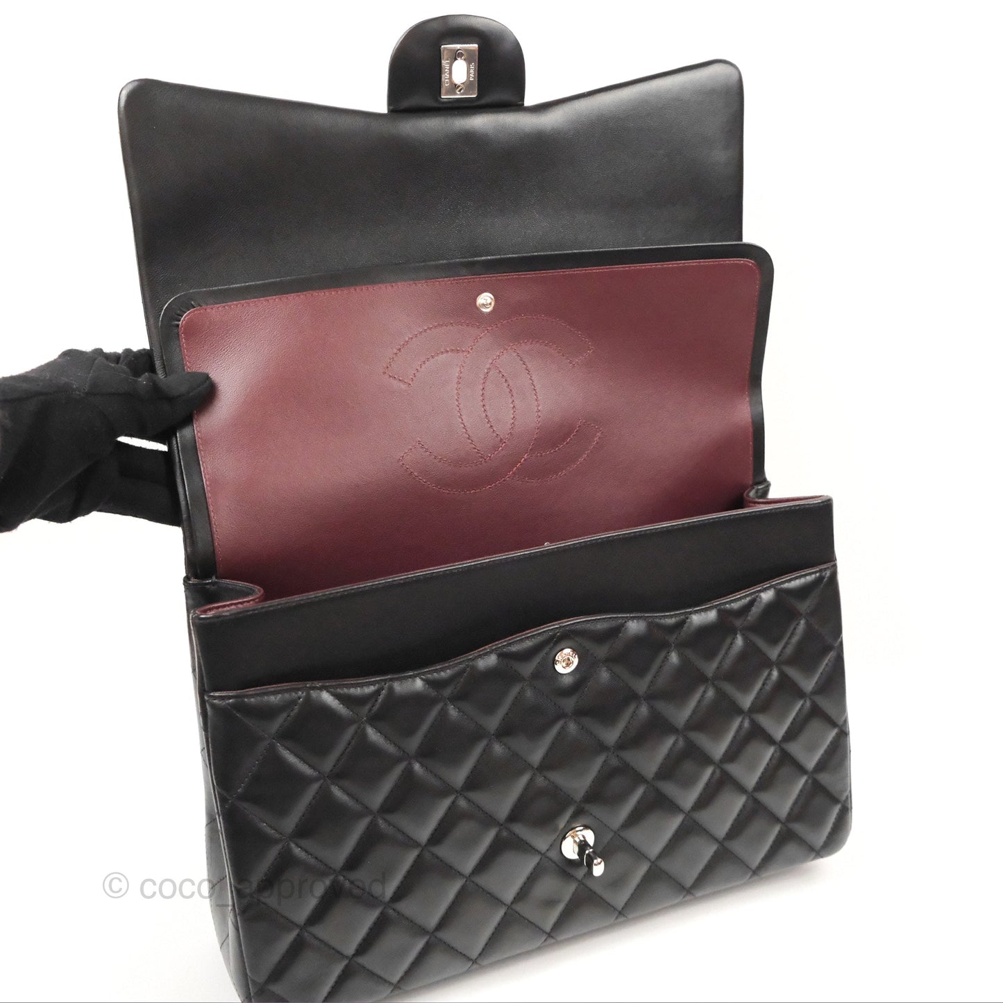 Chanel Quilted Maxi Double Flap Black Lambskin Silver Hardware