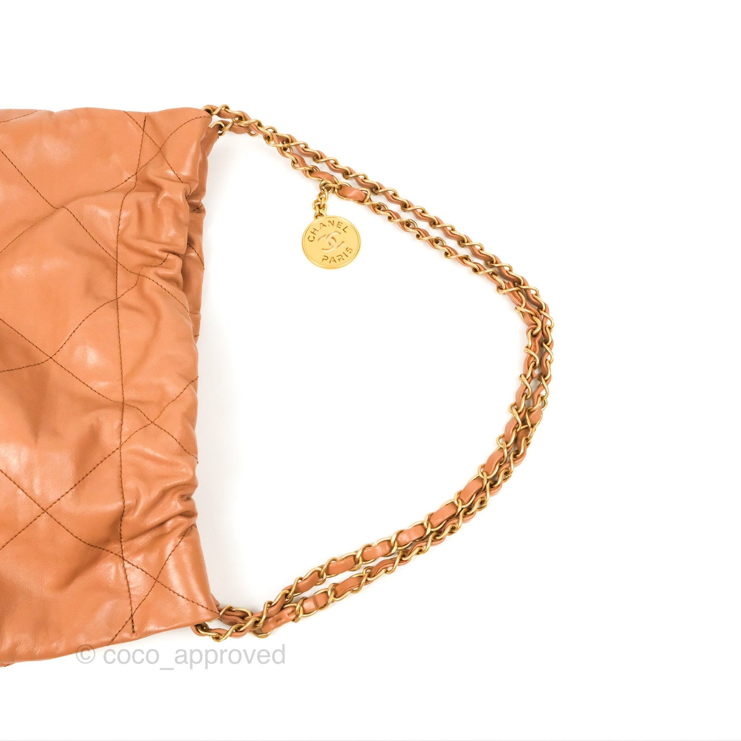 Chanel 22 Small Caramel Beige Shiny Calfskin Aged Gold Hardware