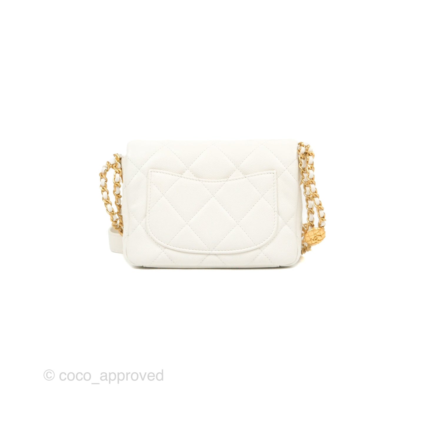 Chanel Mini Flap with Coin Charm White Caviar Aged Gold Hardware 22A