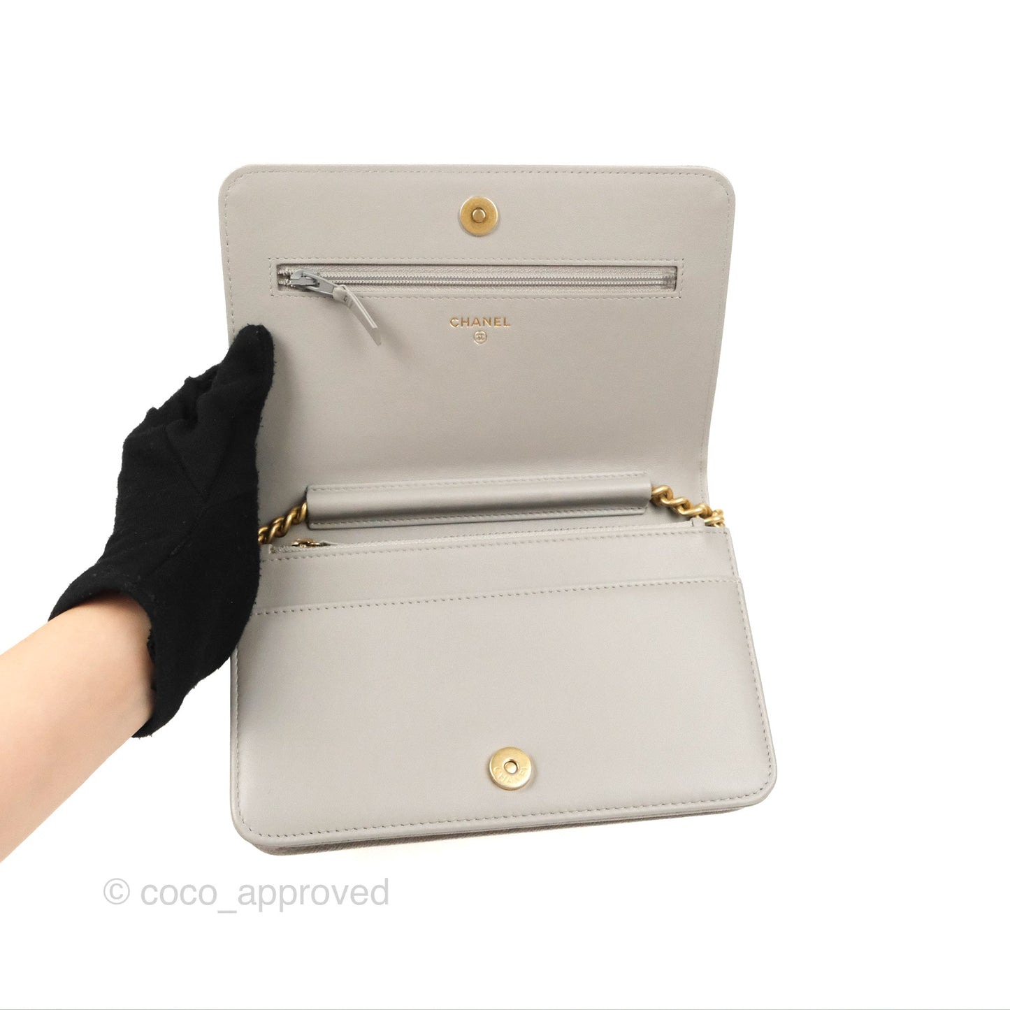 Chanel Quilted Boy Wallet on Chain WOC Grey Caviar Gold Hardware