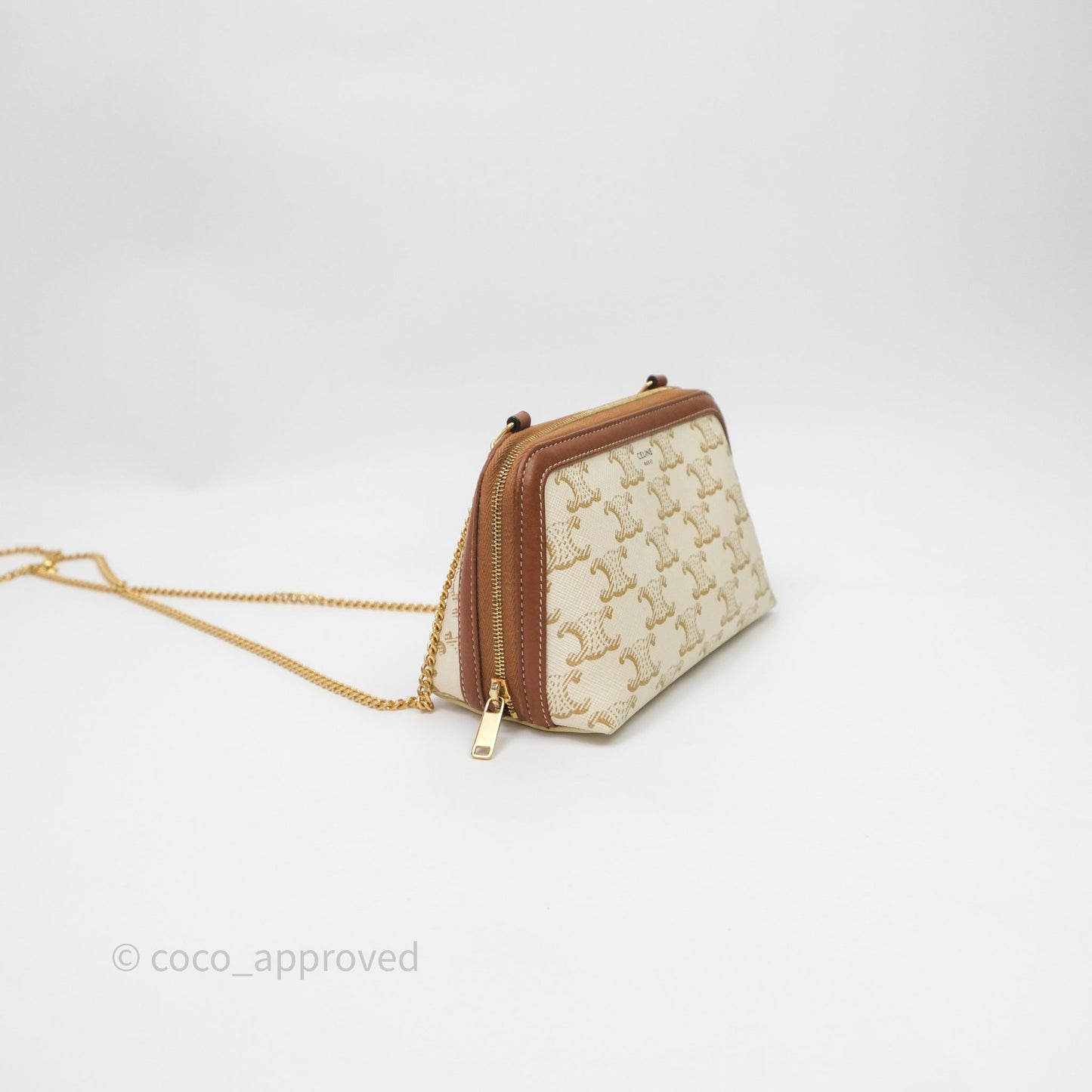 Celine Clutch With Chain Triomphe Canvas White/Tan