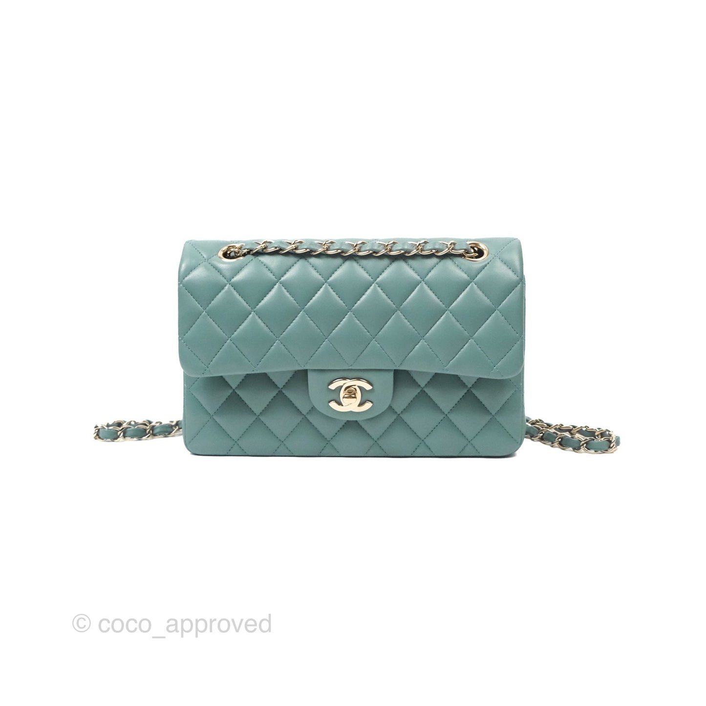 Chanel Small Quilted Classic Flap Dark Tiffany Green Lambskin Gold Hardware