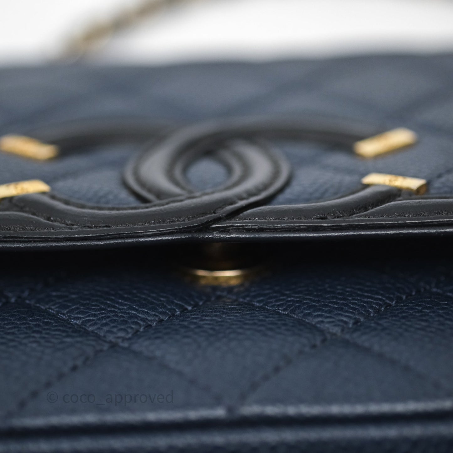 Chanel Small CC Filigree Flap Quilted Navy Black Caviar Aged Gold Hardware