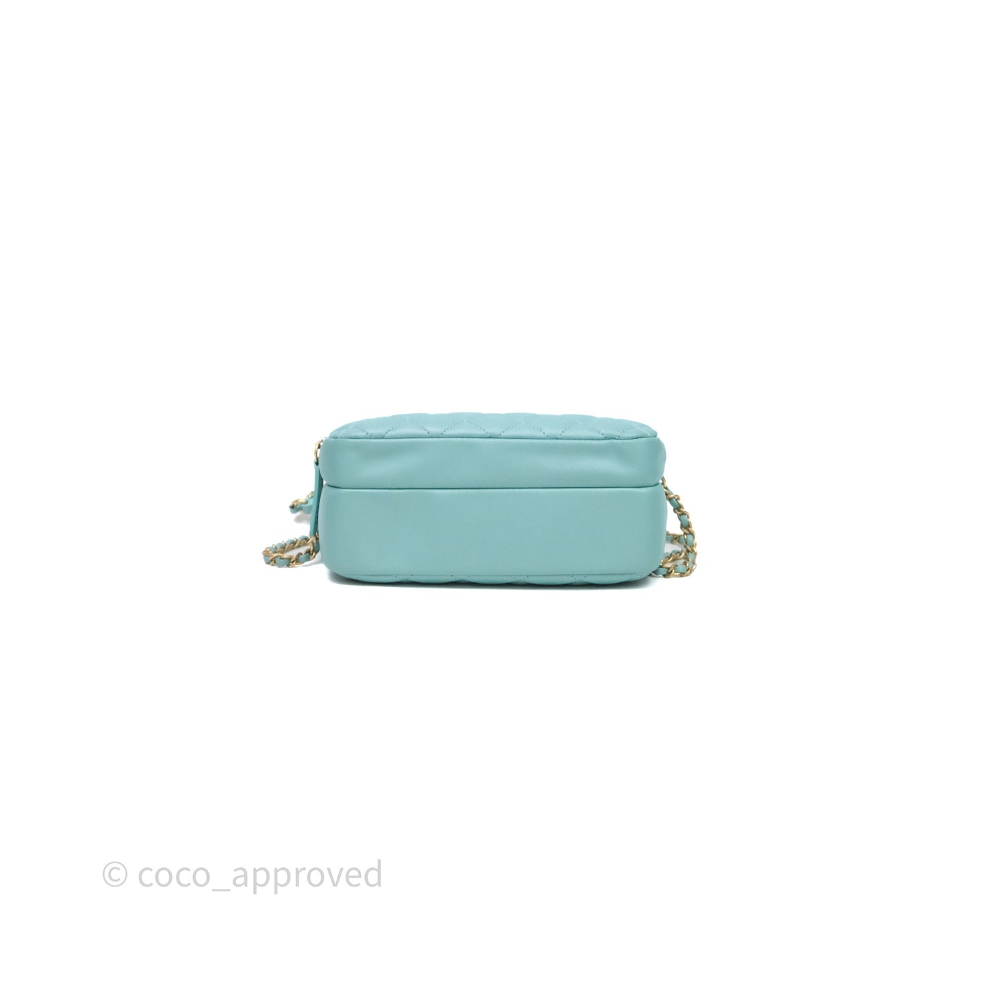 Chanel Camera Bag Quilted Pearly Turquoise Lambskin Aged Gold Hardware