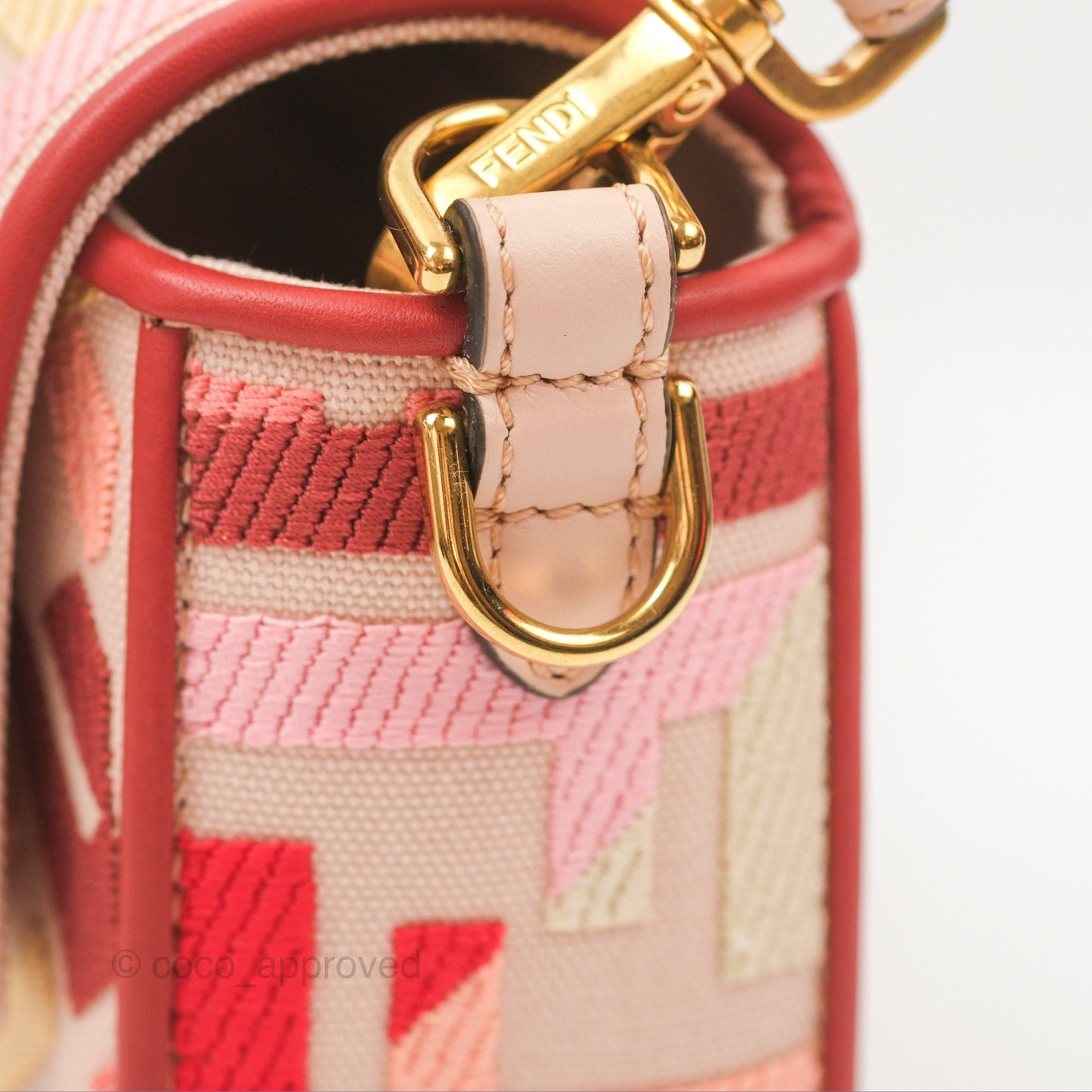 Fendi Medium Baguette Bag FF Embroidered Pink Canvas Gold Hardware