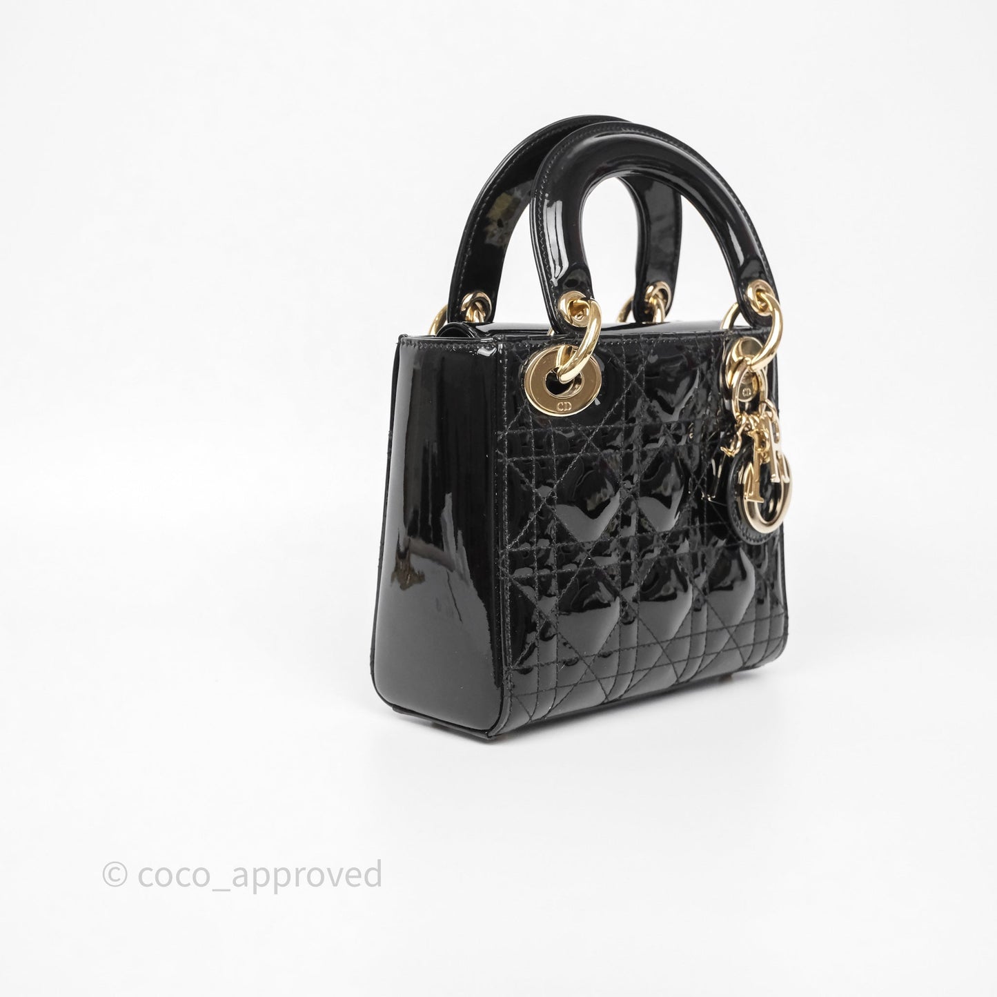 Christian Dior Mini Lady Dior Black Cannage Patent Gold Hardware