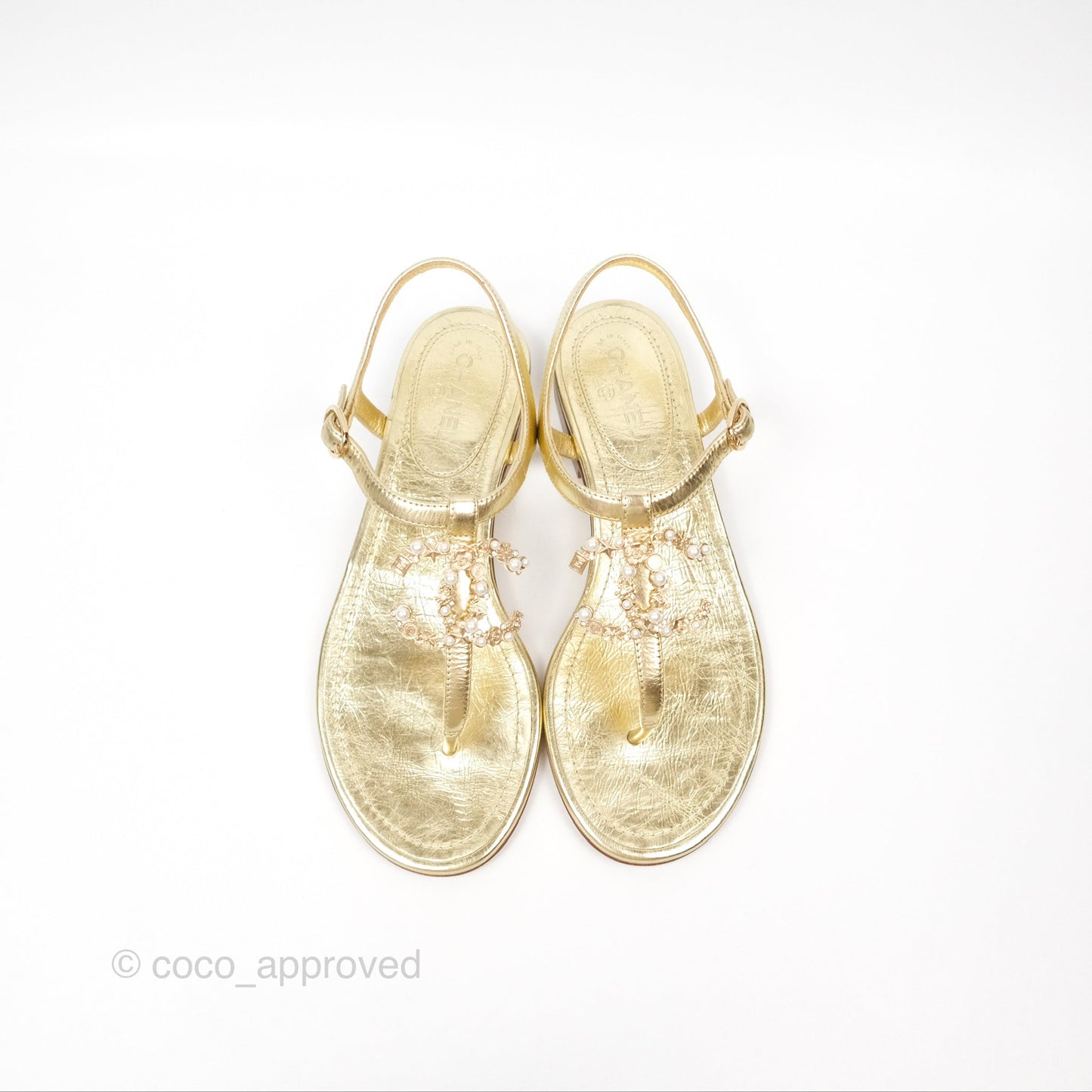 Chanel CC  Gold Metallic Leather Stone Thong Sandals Size 35