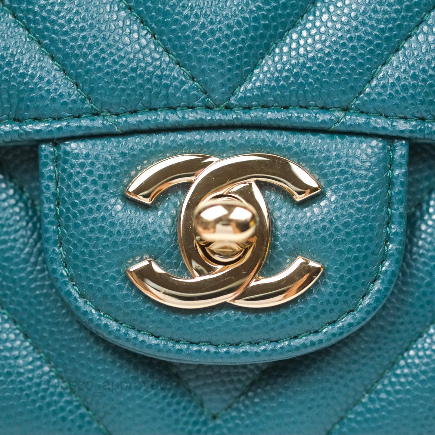 Chanel Mini Square Flap Chevron Teal Caviar Gold Hardware