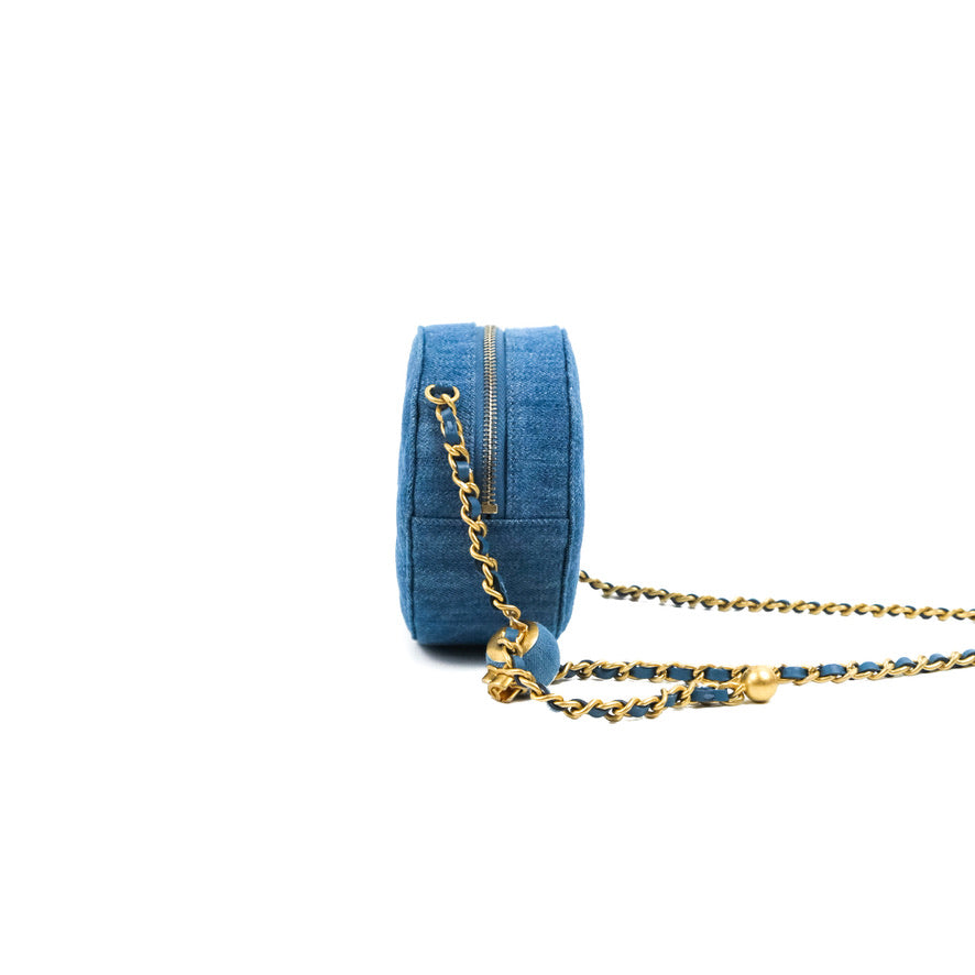 Chanel Quilted Pearl Crush Round Clutch With Chain Denim Aged Gold Hardware