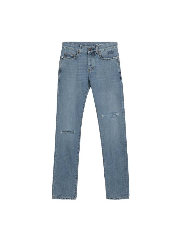 Luxury Saint Laurent Destroyed Embroidered Logo Jeans Blue