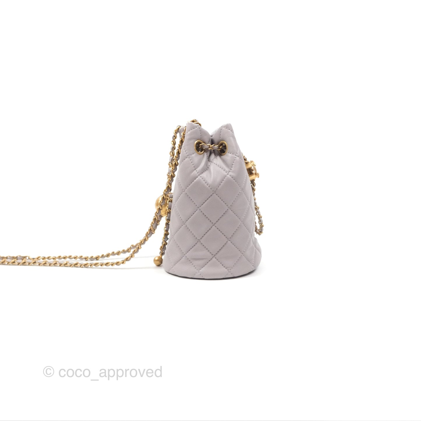 Chanel Pearl Crush Drawstring Bucket Bag Grey Lambskin Aged Gold Hardware
