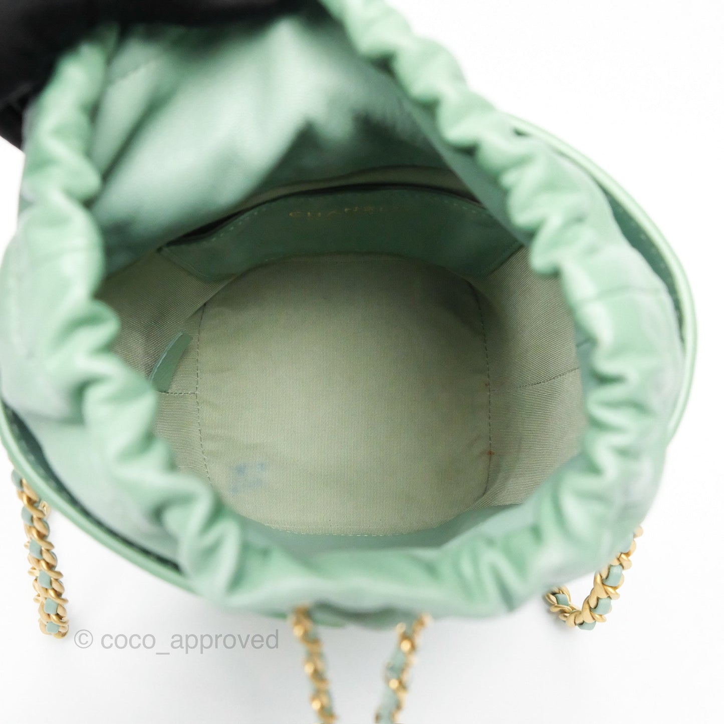 Chanel Drawstring Bucket Bag Quilted Green Caviar Aged Gold Hardware