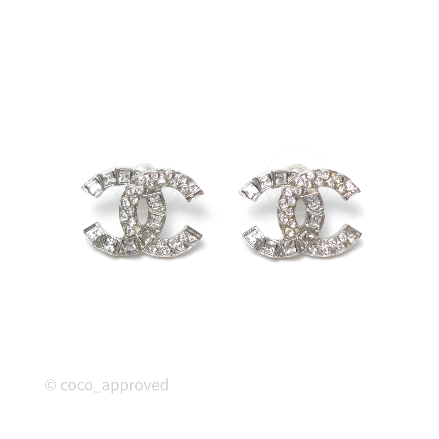 Chanel CC Crystals Earrings Silver Tone 14C