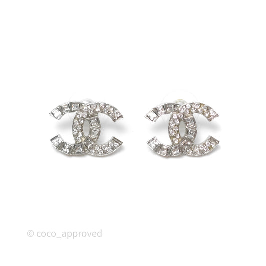 Chanel CC Crystals Earrings Silver Tone 14C