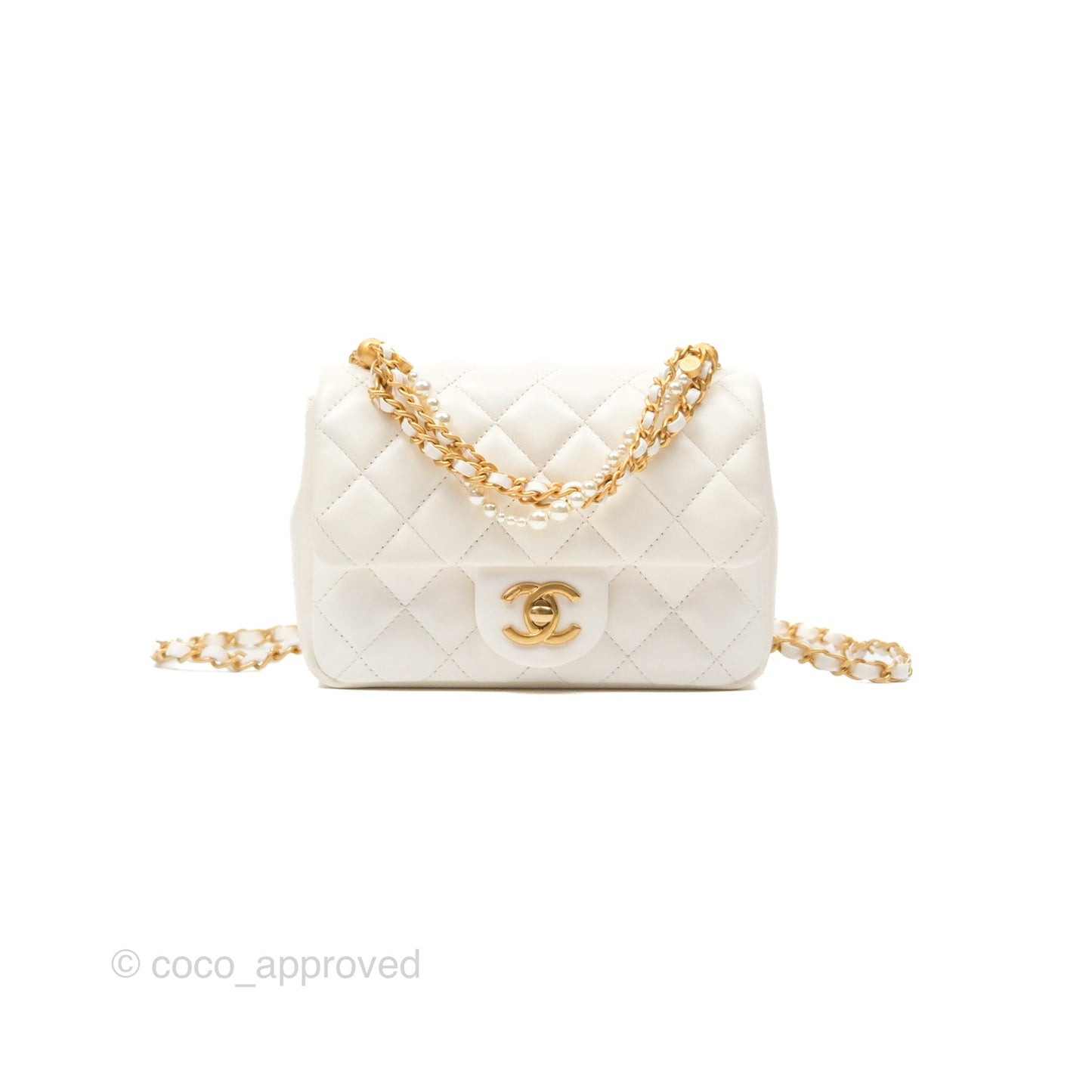 Chanel Pearl Chain Mini Flap Bag White Lambskin Aged Gold Hardware 24P