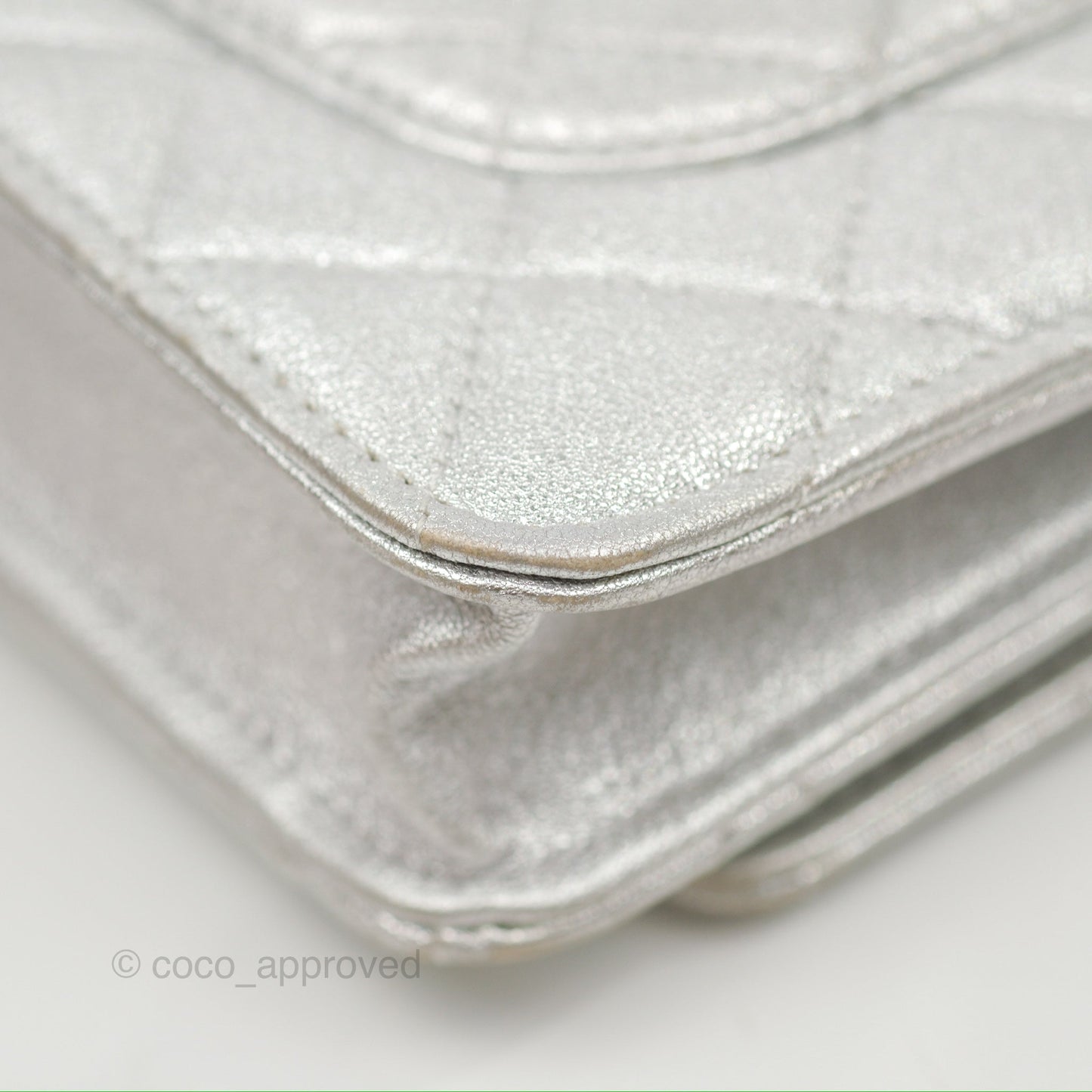 Chanel Quilted Wallet on Chain WOC Iridescent Silver Grained Lambskin Silver Hardware