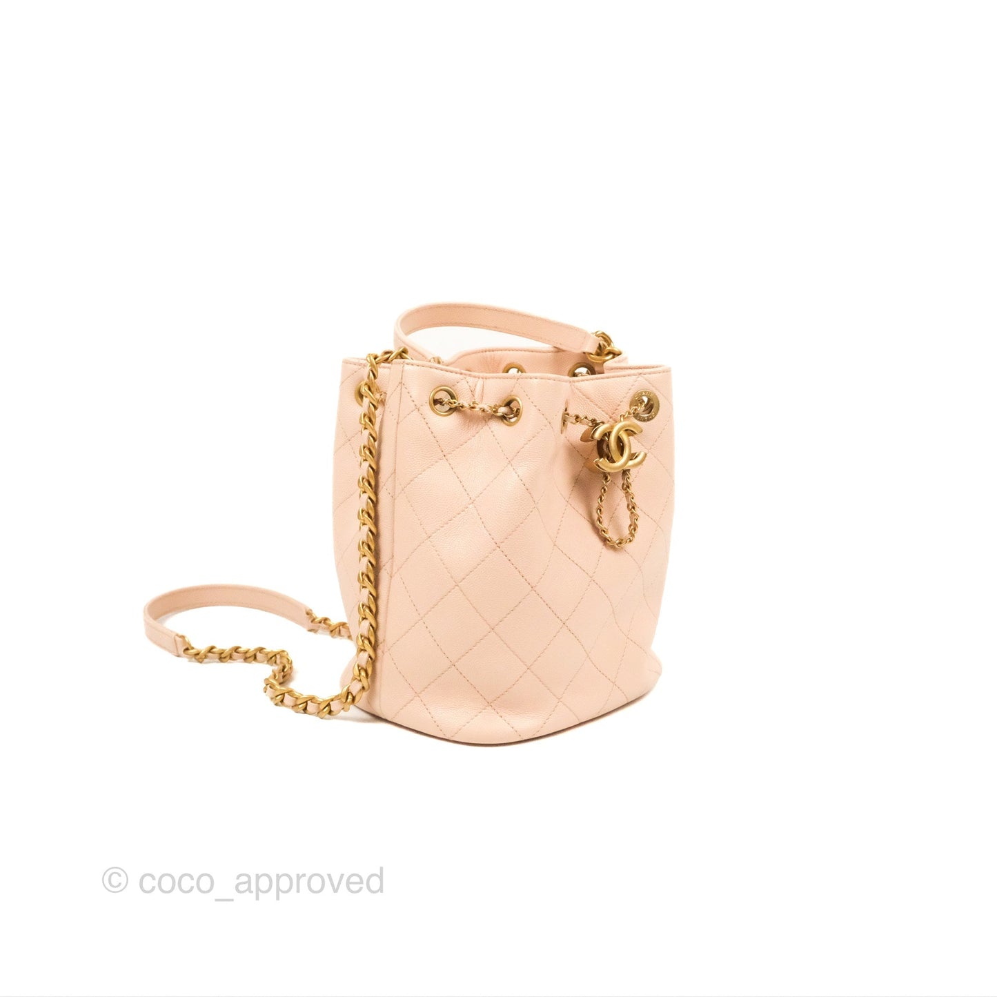 Chanel Quilted Top Handle Drawstring Bucket Bag Pink Caviar Aged Gold Hardware