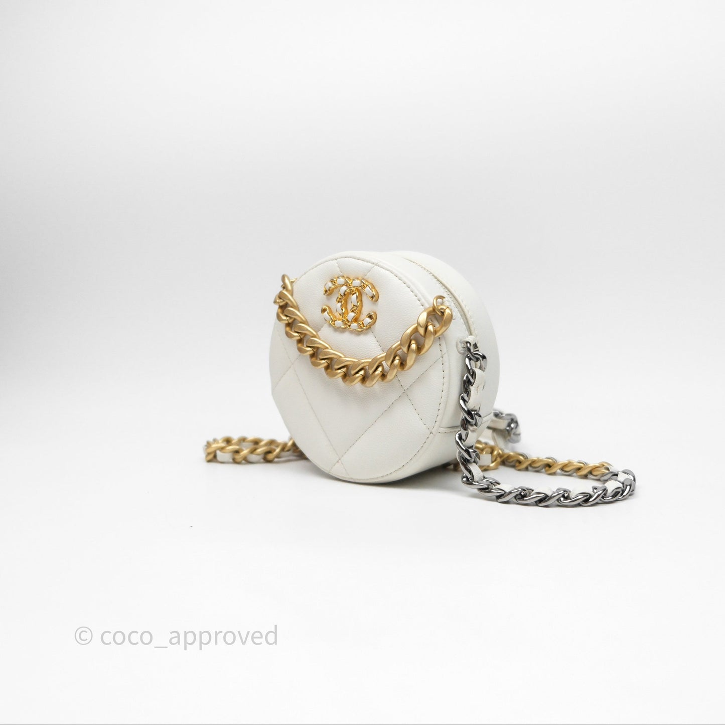 Chanel 19 Round Clutch With Chain White Calfskin Mixed Hardware