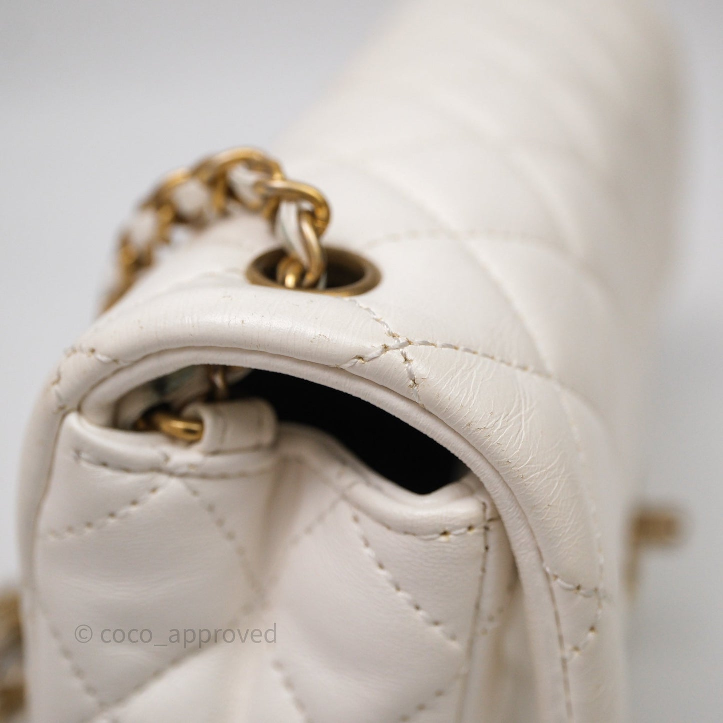 Chanel Mini Rectangular Pearl Crush Quilted White Lambskin Aged Gold Hardware