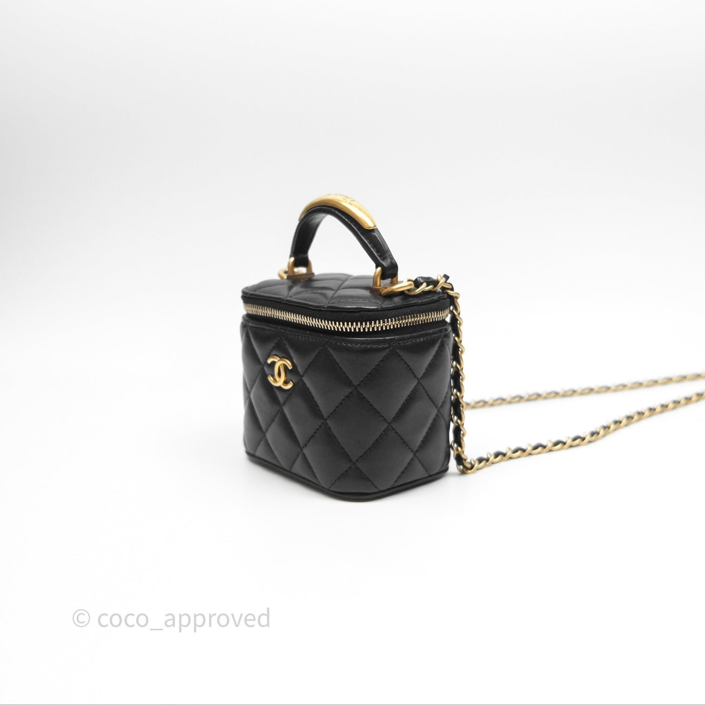 Chanel Mini Metal Top Handle Vanity With Chain Black Lambskin Aged Gold Hardware