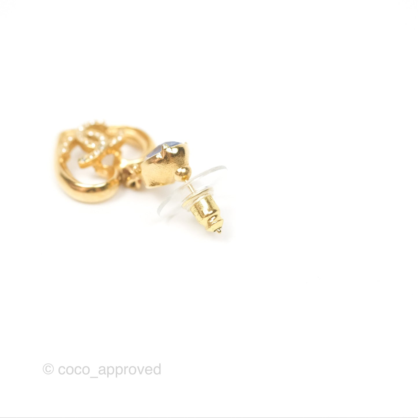 Chanel Oval Blue Resin Heart CC Drop Earrings Gold Tone 23C