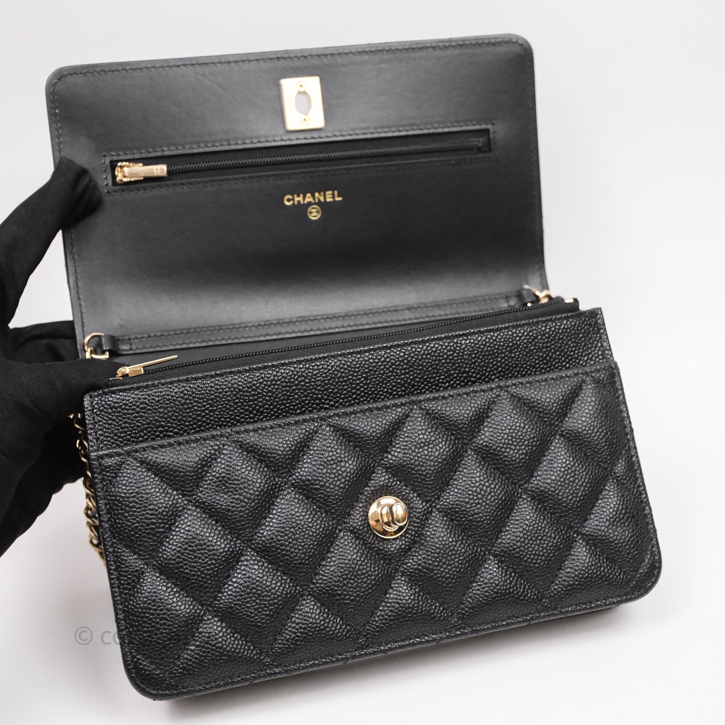 Chanel WOC With Ribbon Chain Black Caviar Gold Hardware