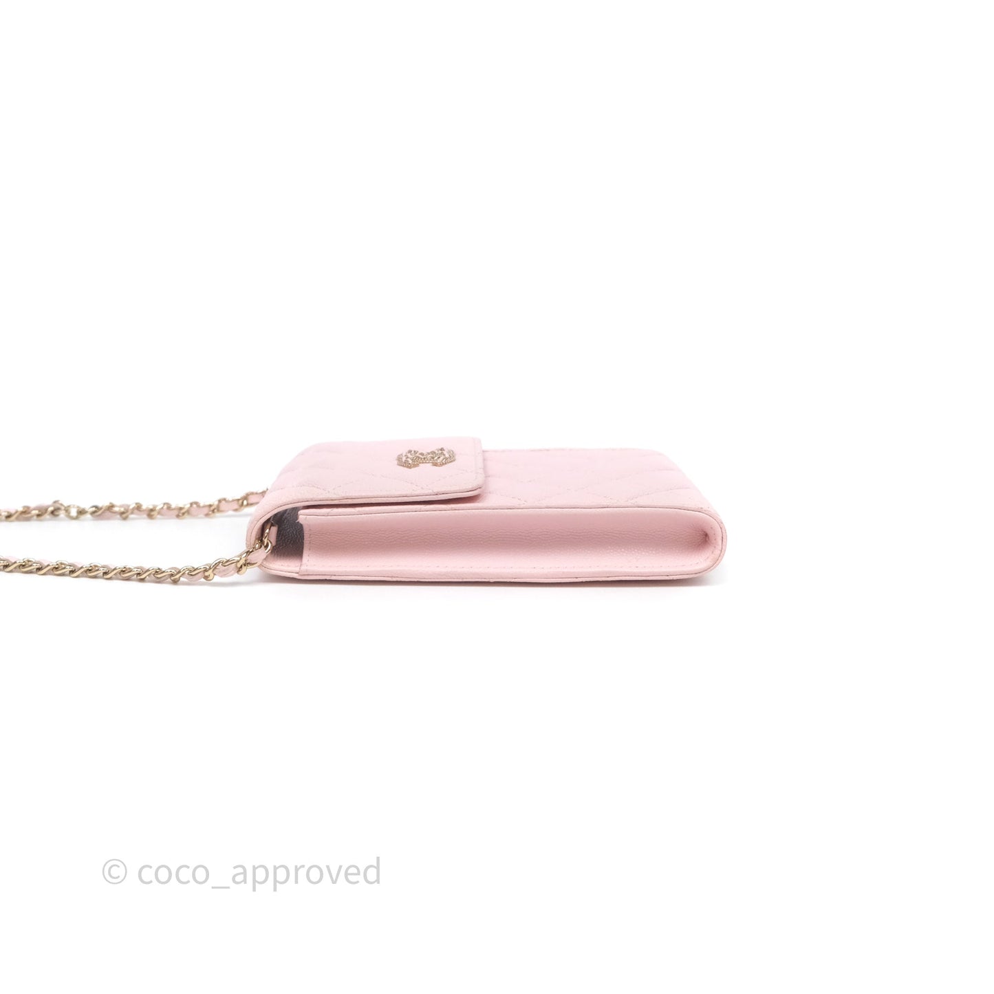 Chanel Quilted Crystal CC Pink Caviar Airpods Phone Case With Chain Light Gold Hardware